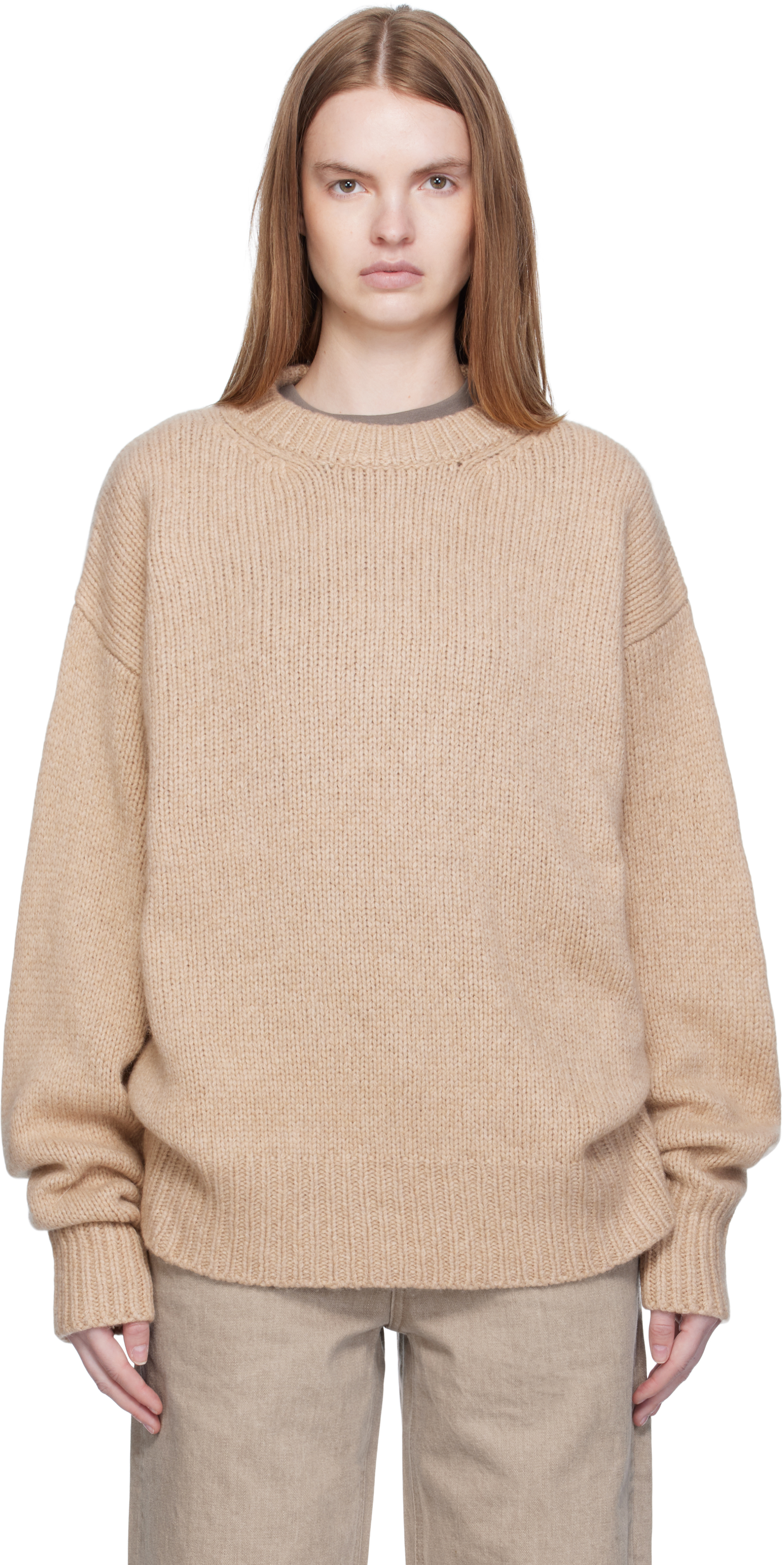 Arch The Beige Crew Neck Oversized Sweater In Sand