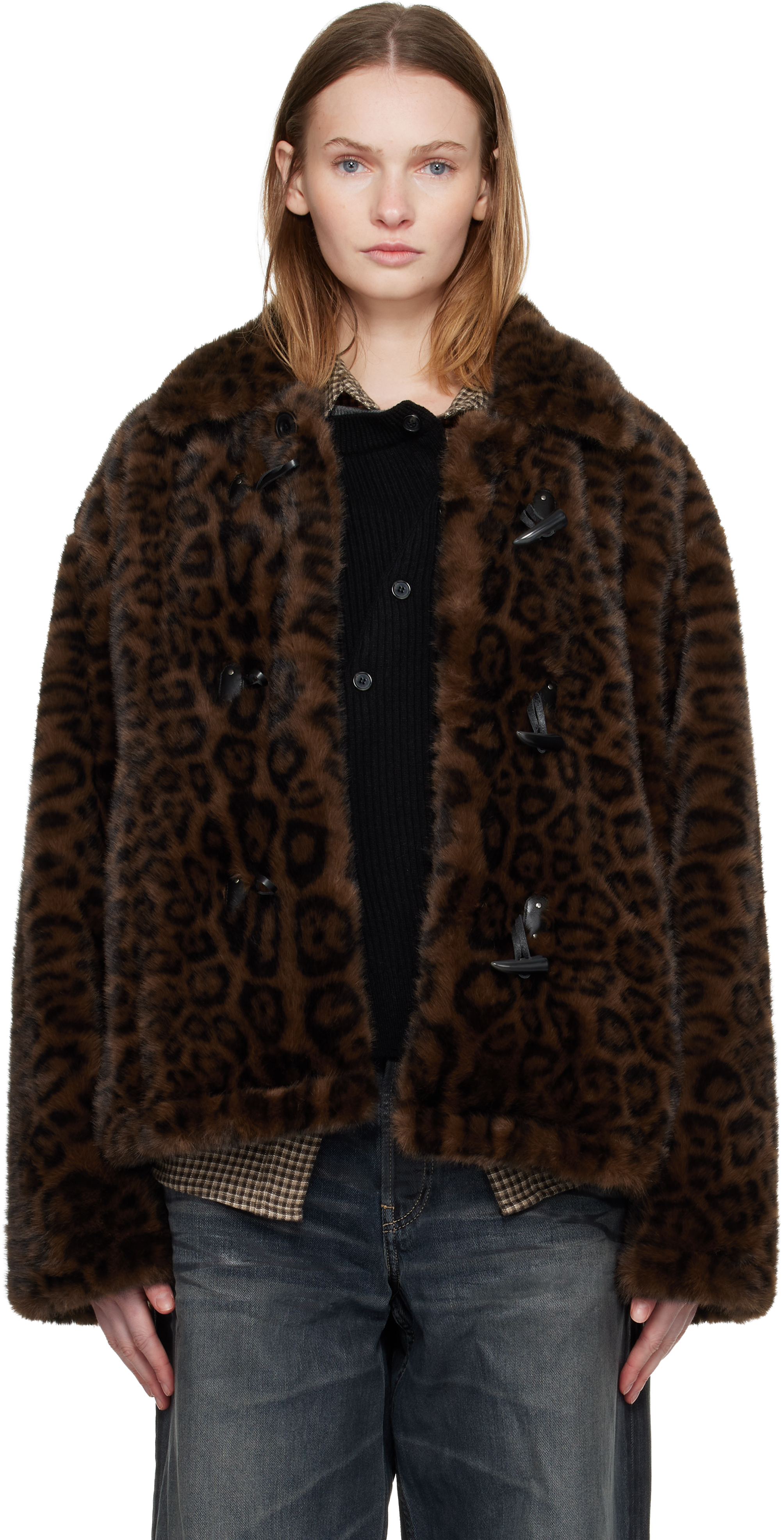 Andersson Bell Brown & Black Leopard Fur Duffle Jacket In Animal Print
