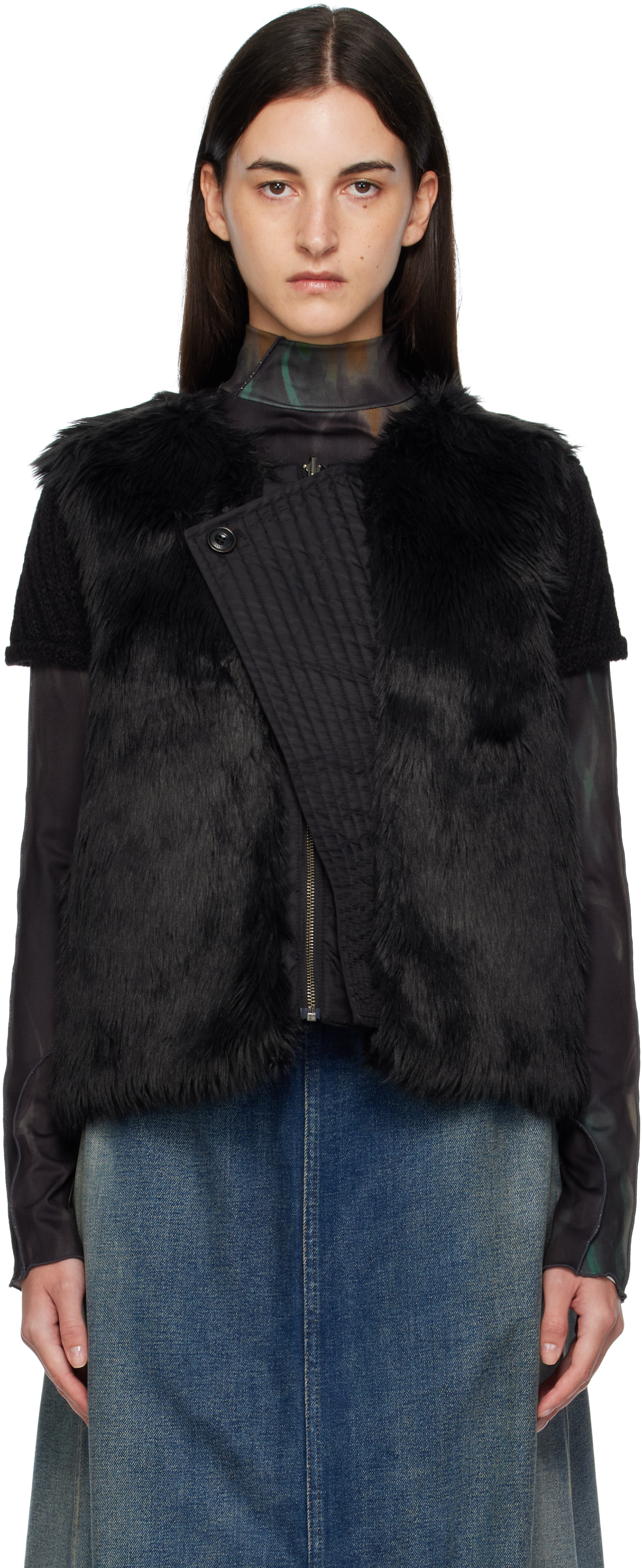 Andersson Bell Black Curved Placket Reversible Faux-fur Vest In Black
