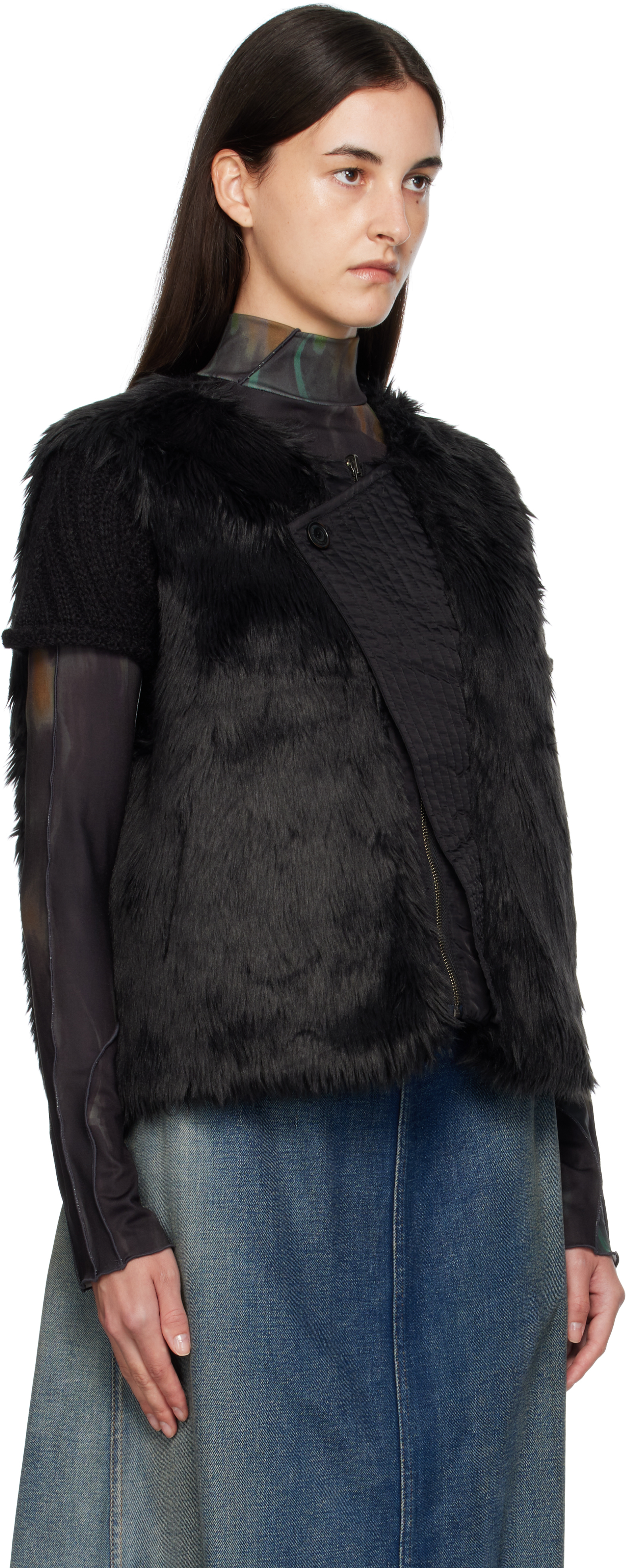 Andersson Bell Black Curved Placket Reversible Faux-fur Vest In Black