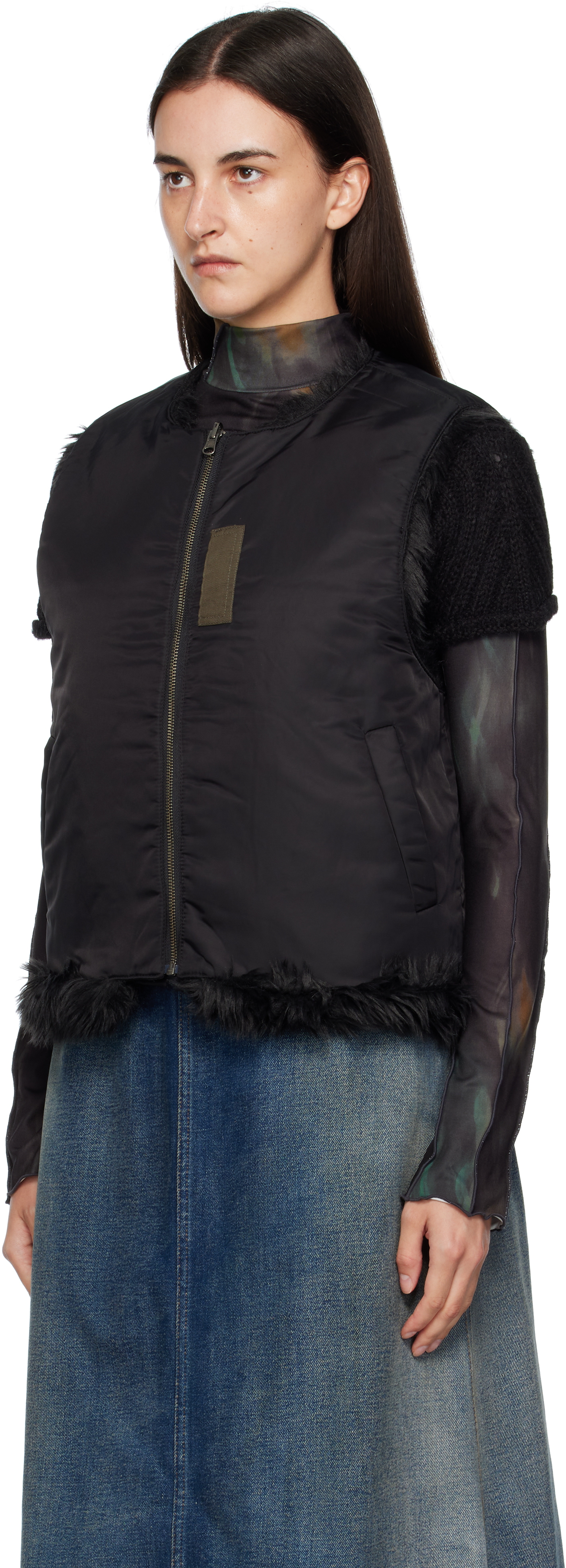 Andersson Bell Black Curved Placket Reversible Faux-fur Vest In Black