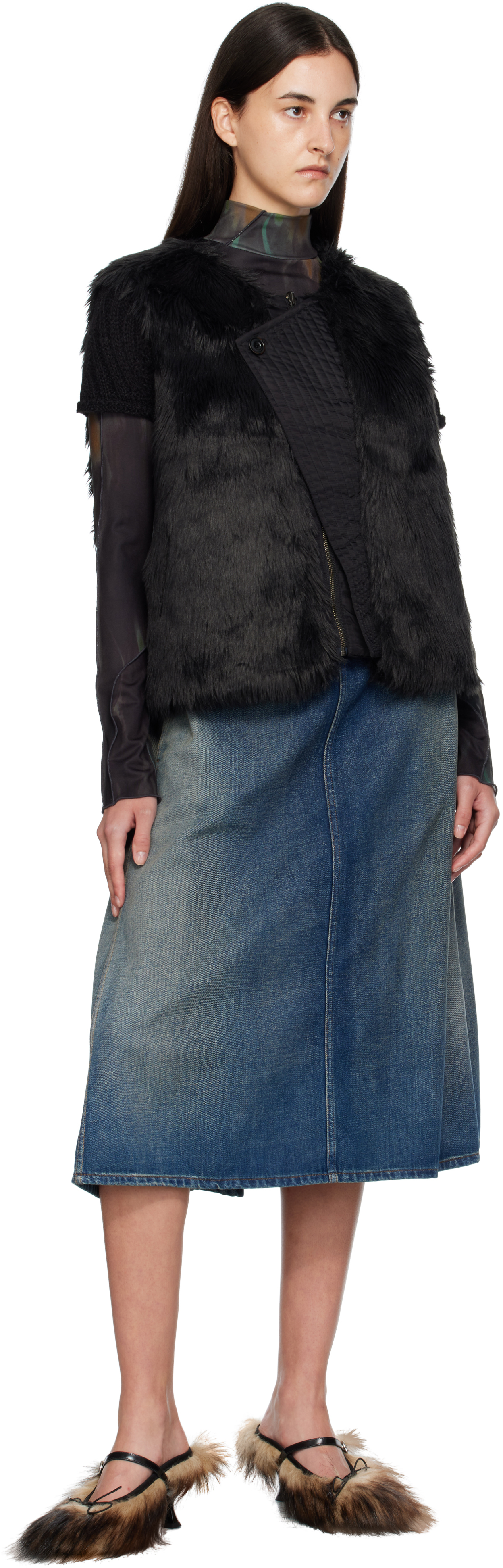Andersson Bell Black Curved Placket Reversible Faux-fur Vest In Black