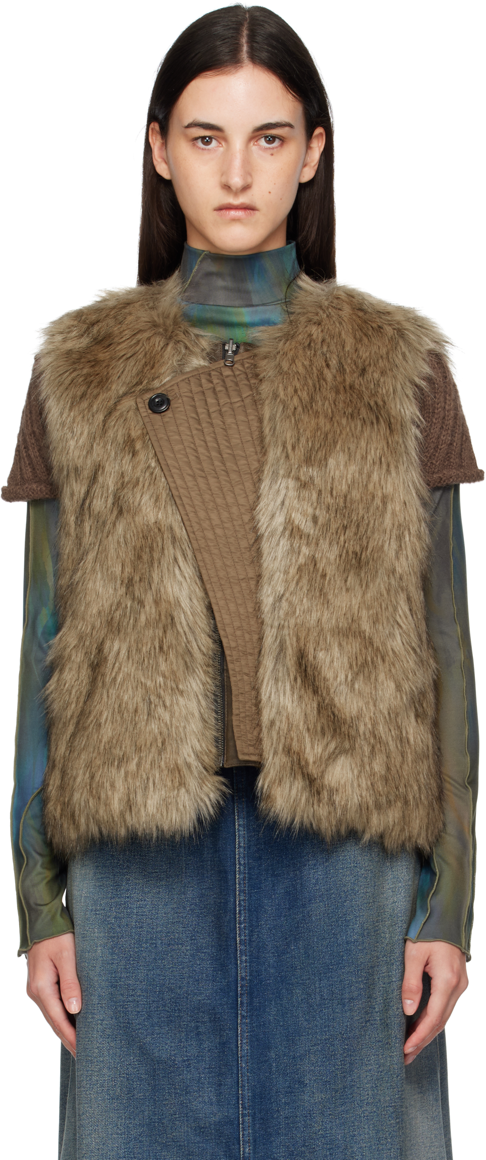 Andersson Bell Brown Curved Placket Reversible Faux-fur Vest