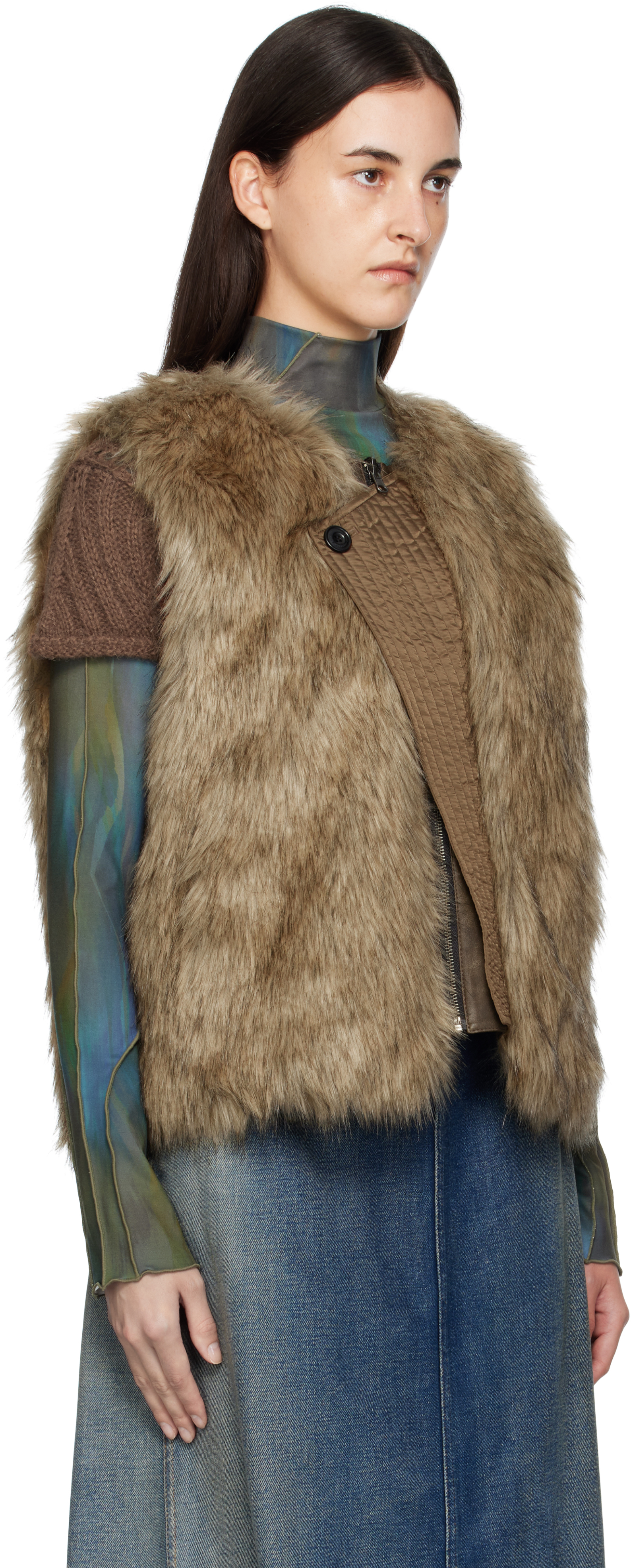 Andersson Bell Brown Curved Placket Reversible Faux-fur Vest