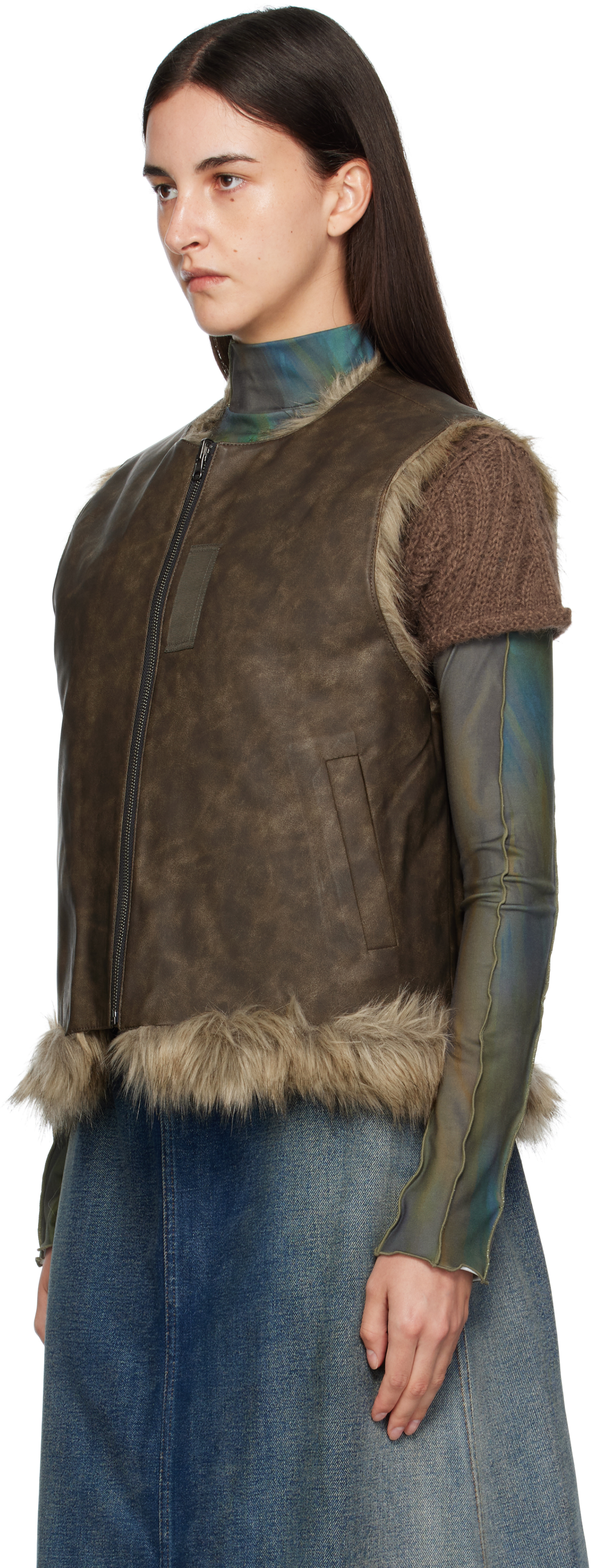 Andersson Bell Brown Curved Placket Reversible Faux-fur Vest