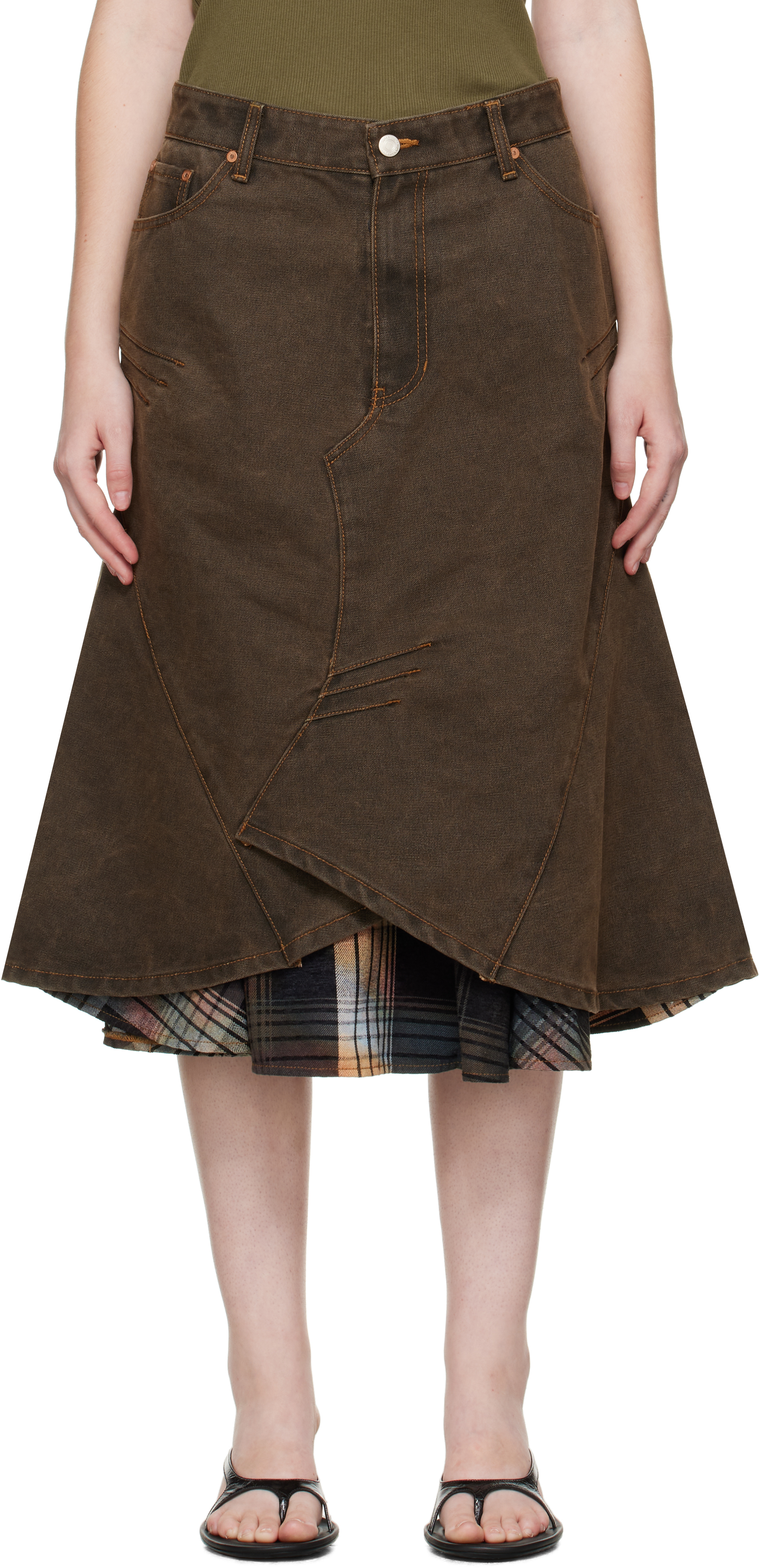 Andersson Bell Brown Custom Flare Layered Denim Midi Skirt In Brown