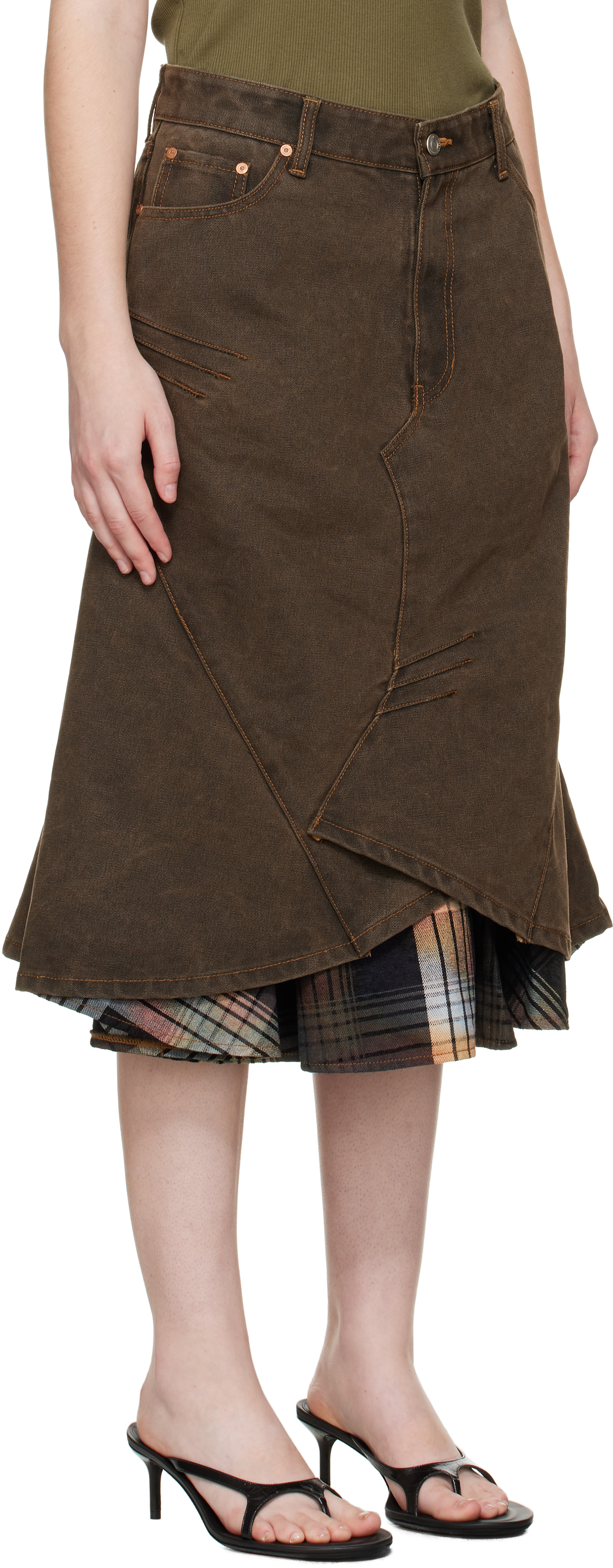 Andersson Bell Brown Custom Flare Layered Denim Midi Skirt In Brown