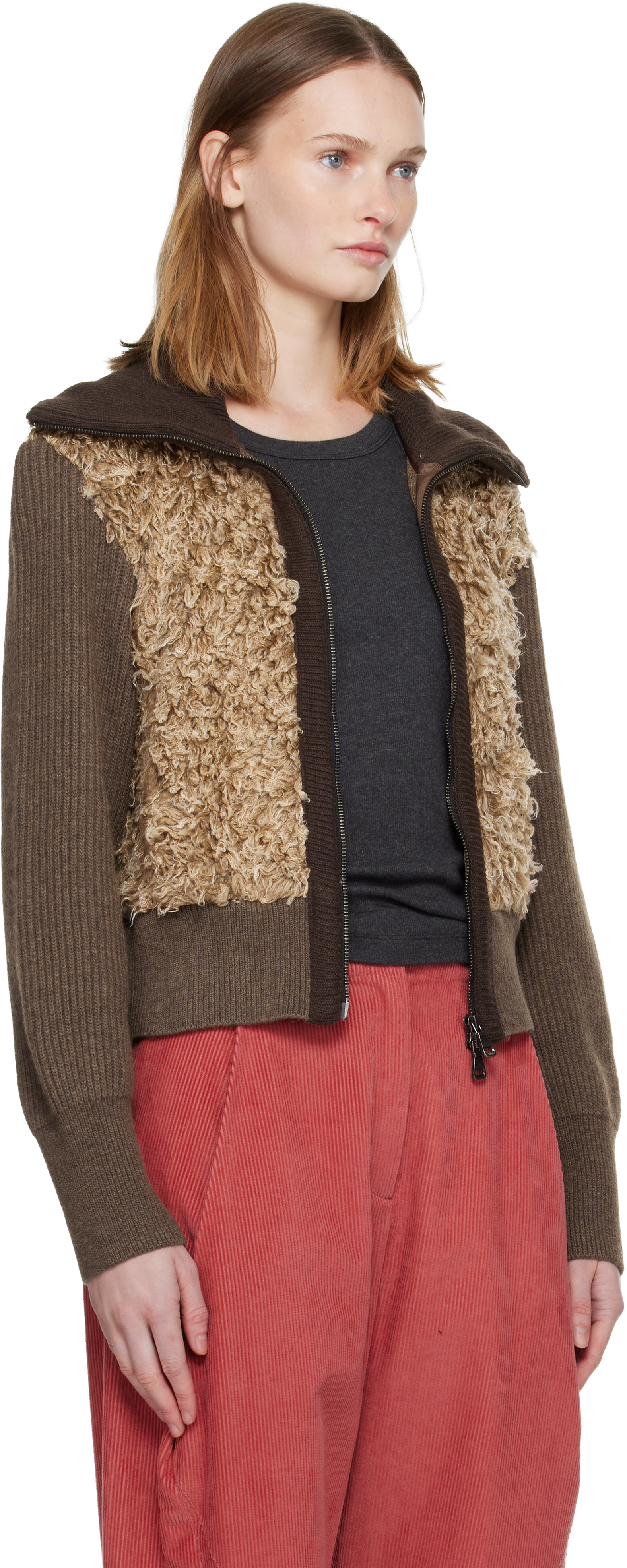 Andersson Bell Brown & Beige Fur Combo Knit Cardigan In Brown