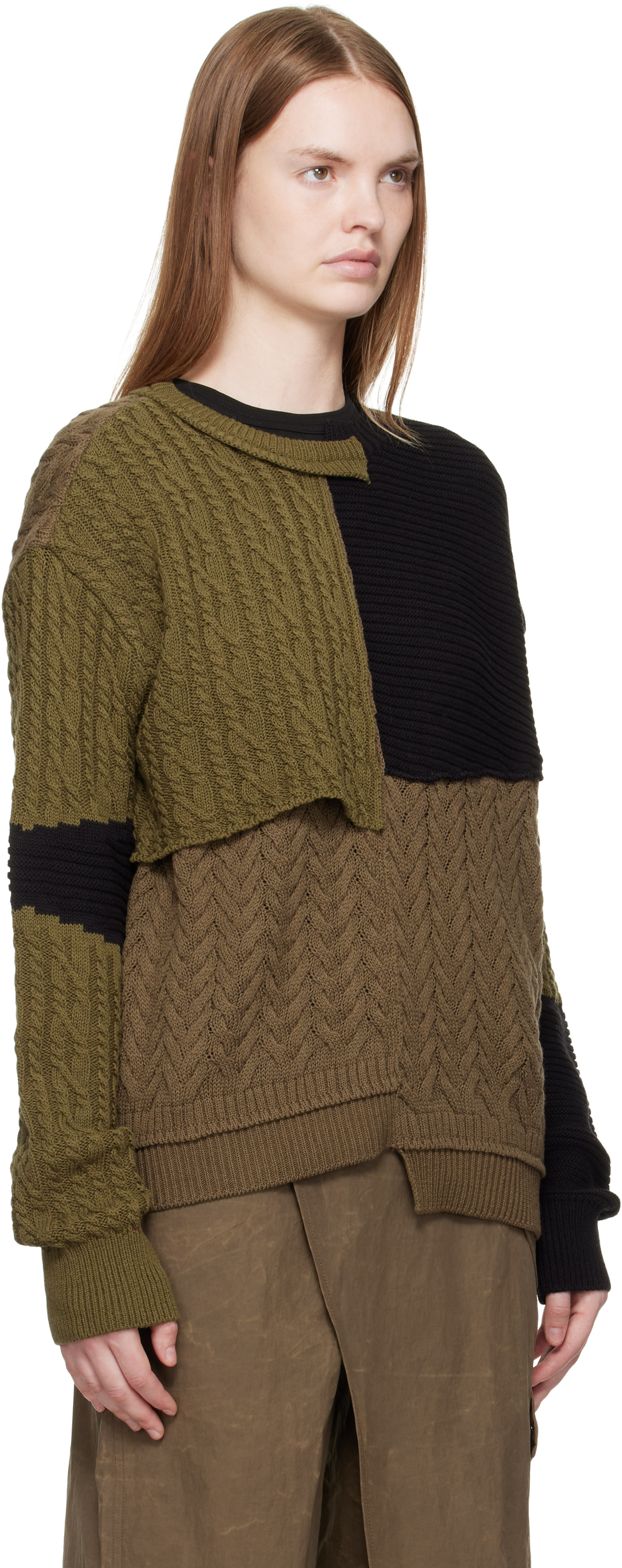 Andersson Bell Black & Brown Patchwork Asymmetric Crewneck Sweater In Green