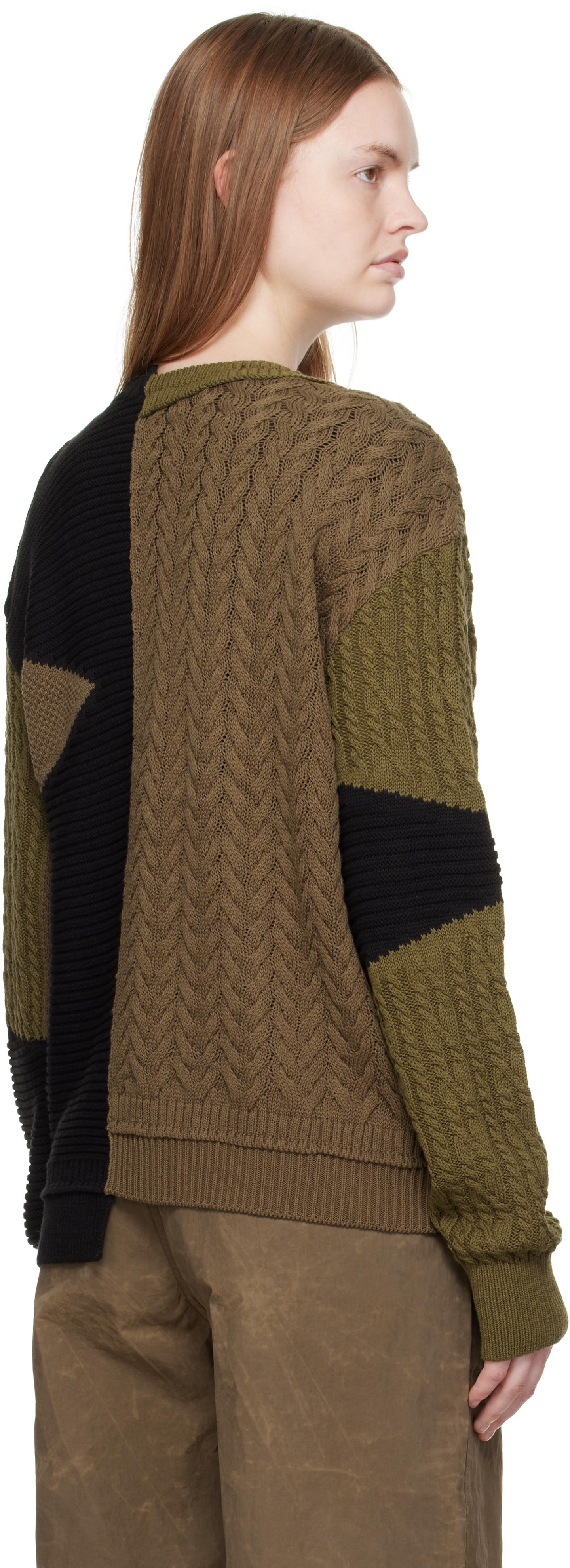 Andersson Bell Black & Brown Patchwork Asymmetric Crewneck Sweater In Green
