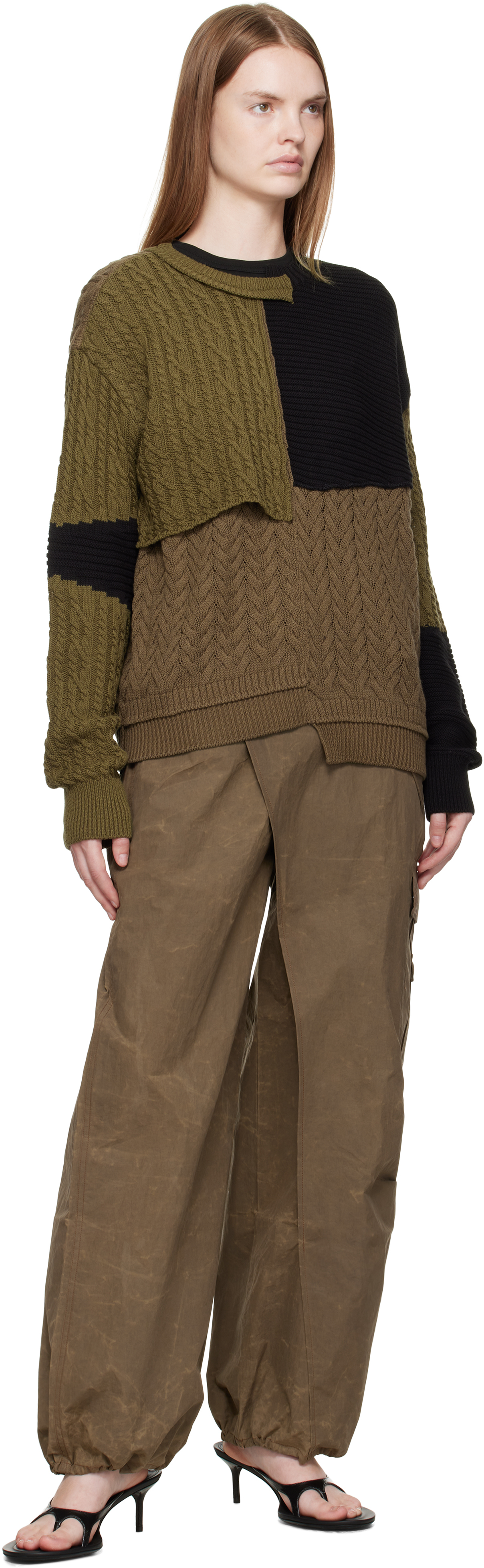 Andersson Bell Black & Brown Patchwork Asymmetric Crewneck Sweater In Green