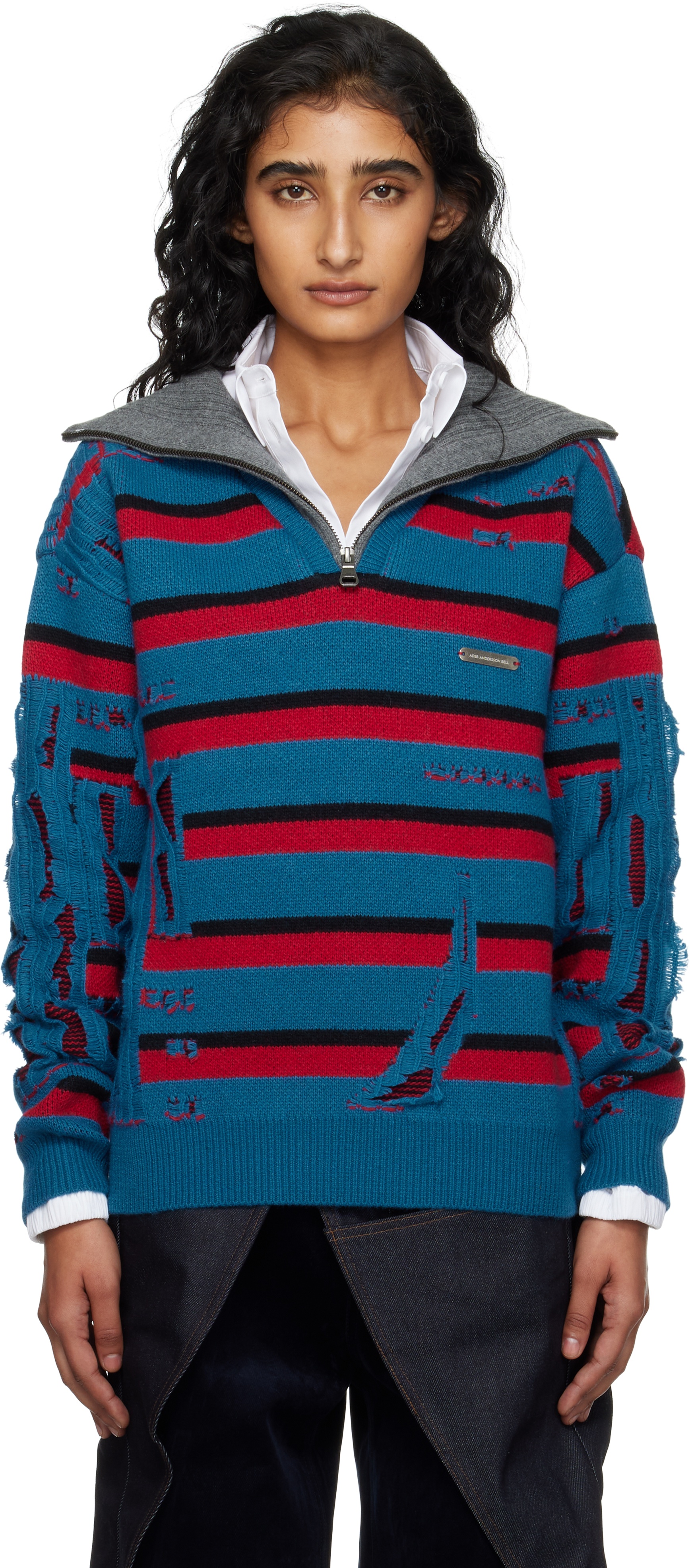 Andersson Bell Blue & Red Stripe Jacquard Half Zip-up Sweater