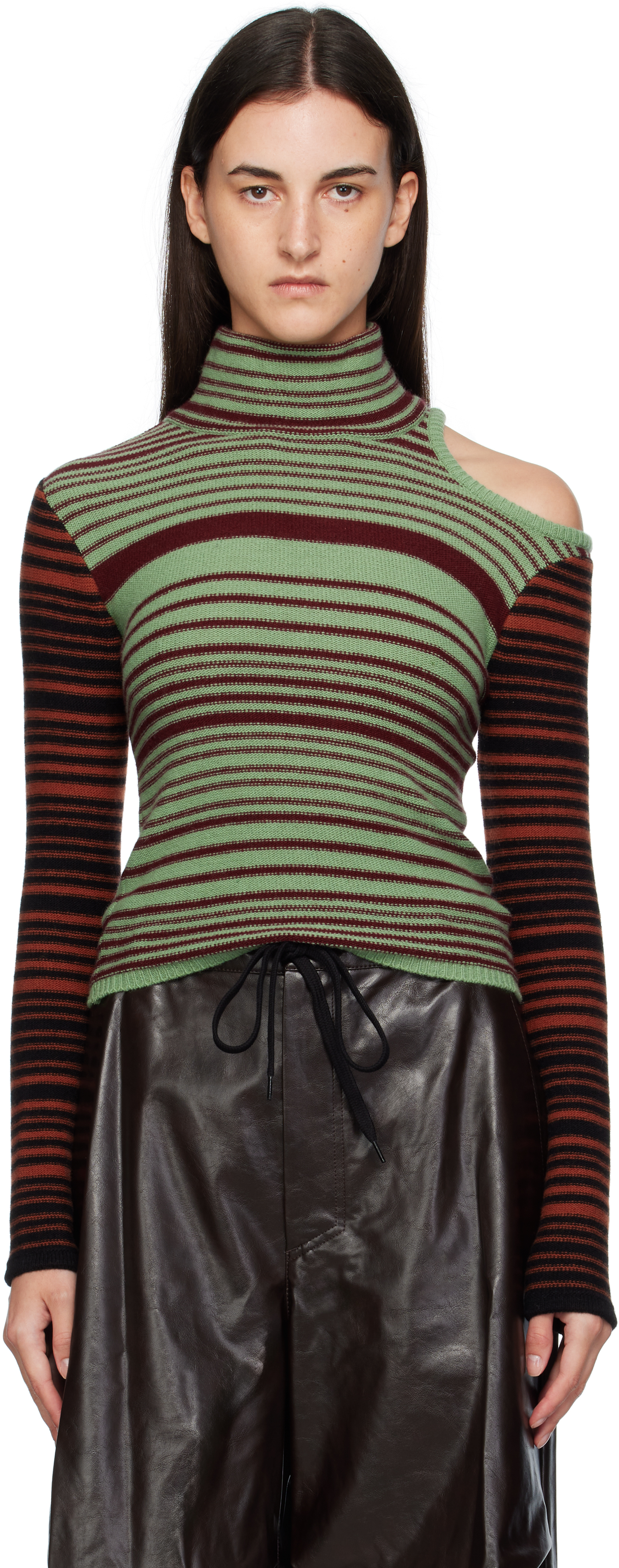 Andersson Bell Green & Burgundy Elodie Multi Stripe Cut-out Turtleneck In Green