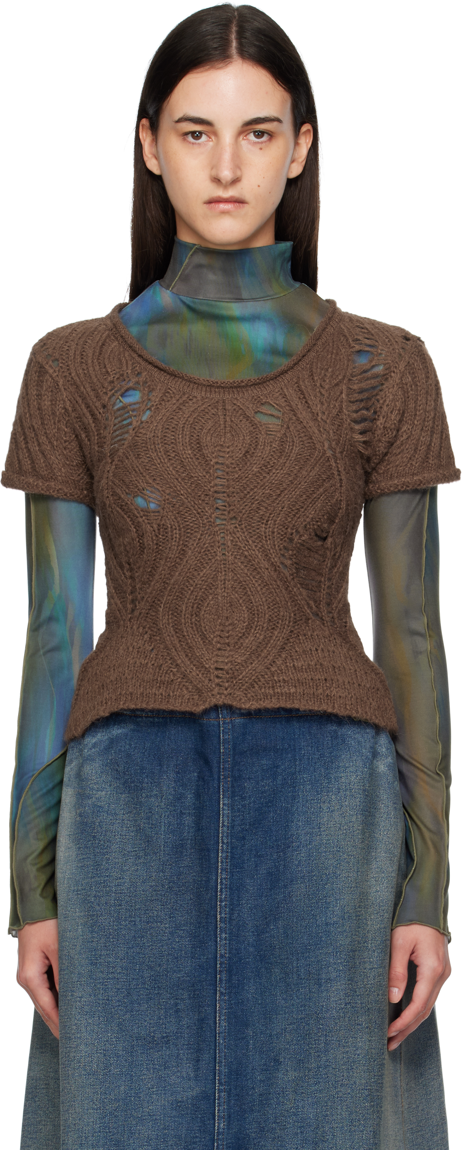 Andersson Bell Brown & Green Cap Sleeve Sweater Layered T-shirt In Multi