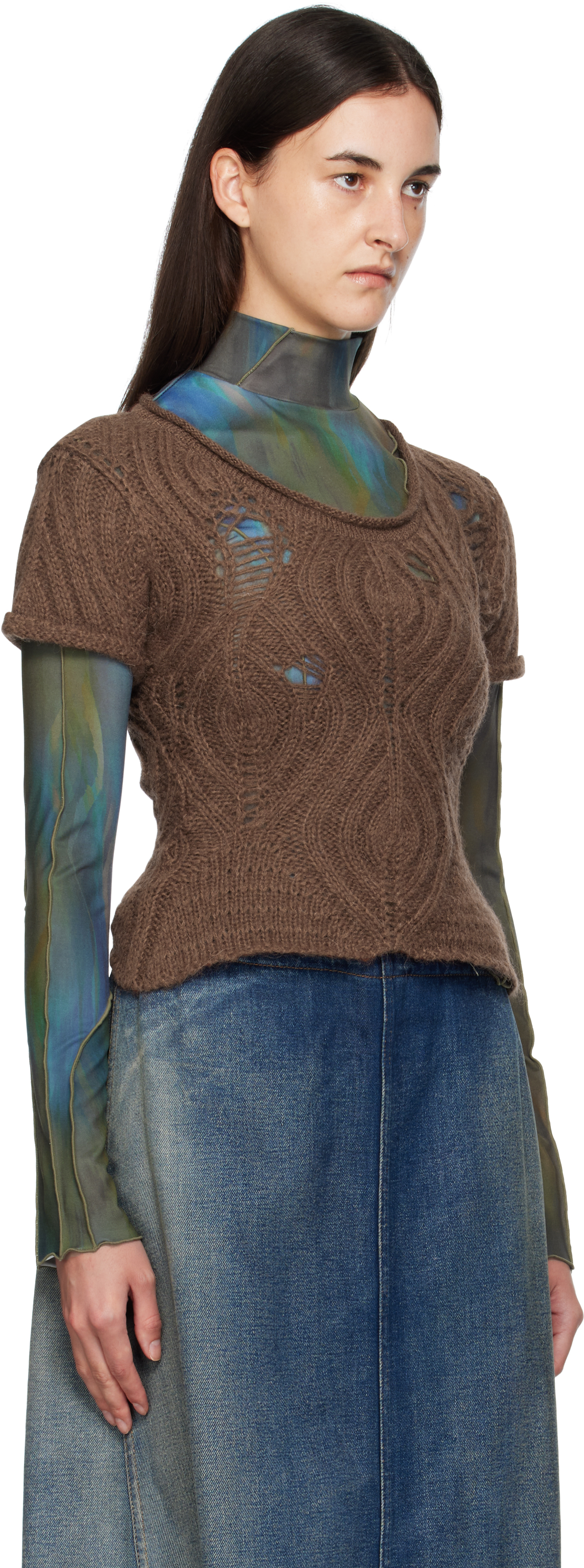 Andersson Bell Brown & Green Cap Sleeve Sweater Layered T-shirt In Multi