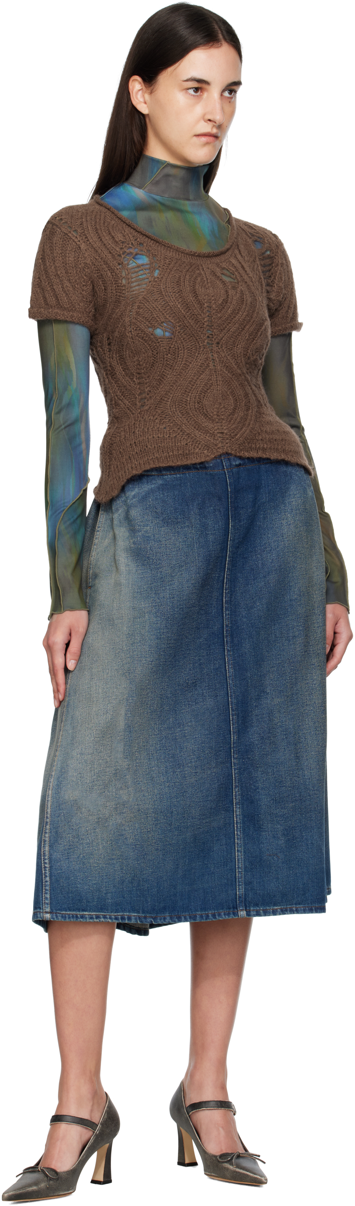 Andersson Bell Brown & Green Cap Sleeve Sweater Layered T-shirt In Multi