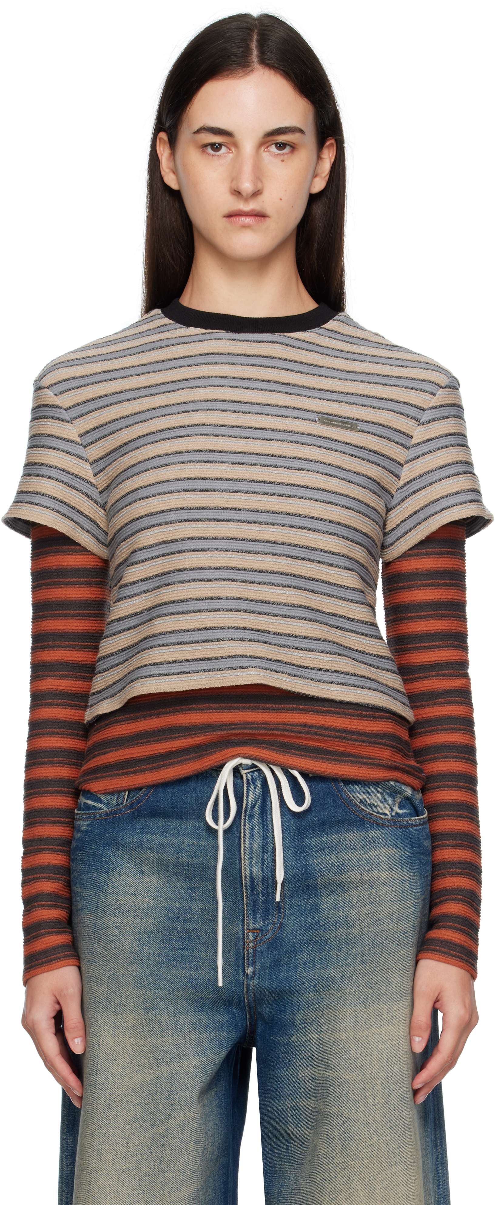 Andersson Bell Beige & Orange Stripe Ls T-shirt In Multi
