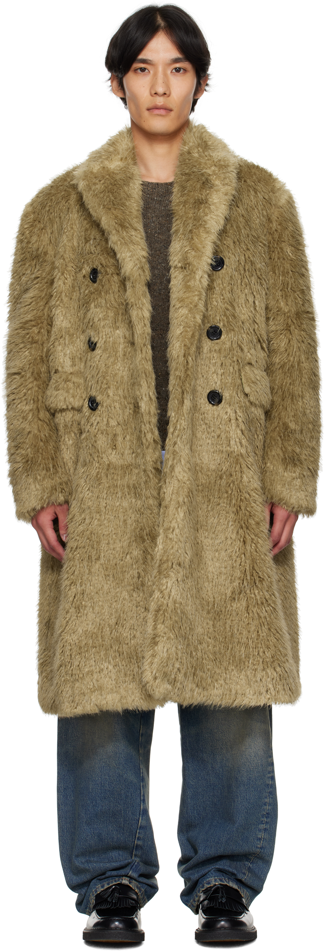 Andersson Bell Beige Fields Buttons Faux-fur Coat In Multi