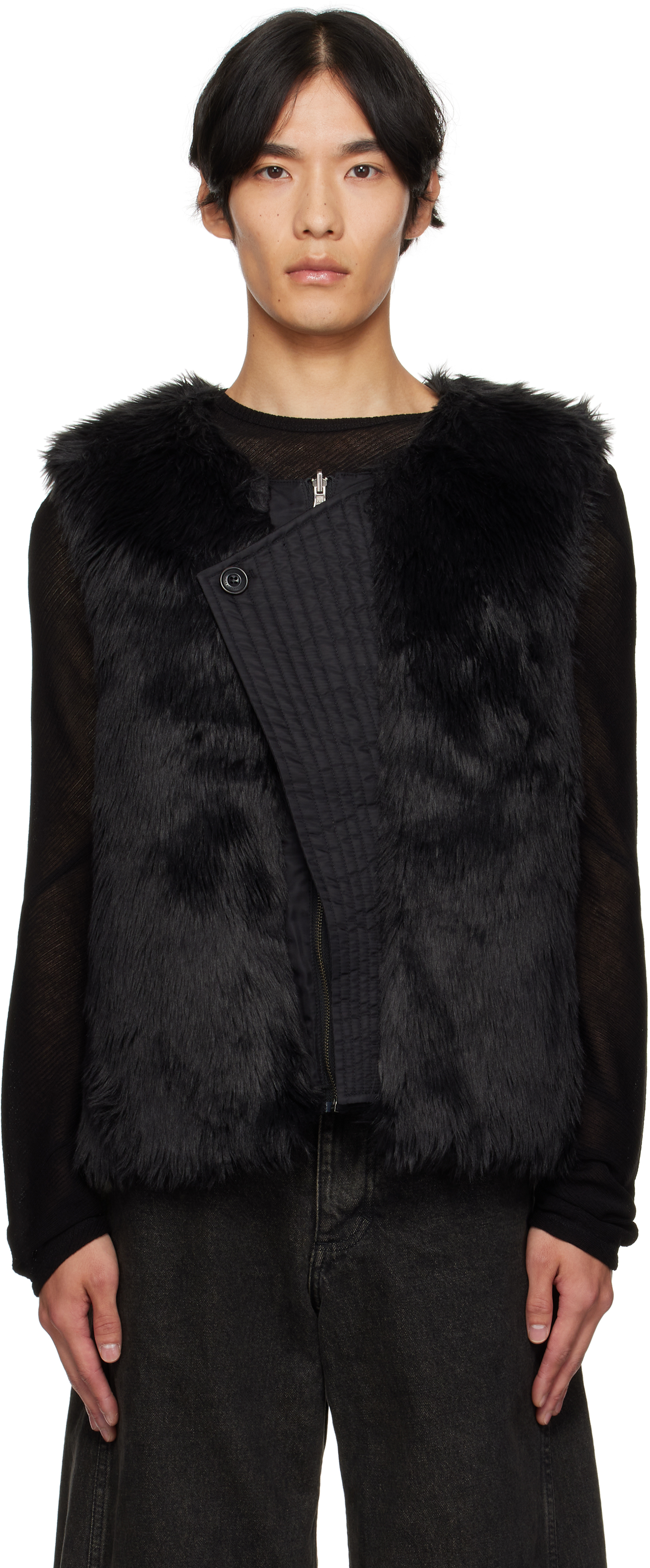 Andersson Bell Black Curved Placket Reversible Faux-fur Vest In Black