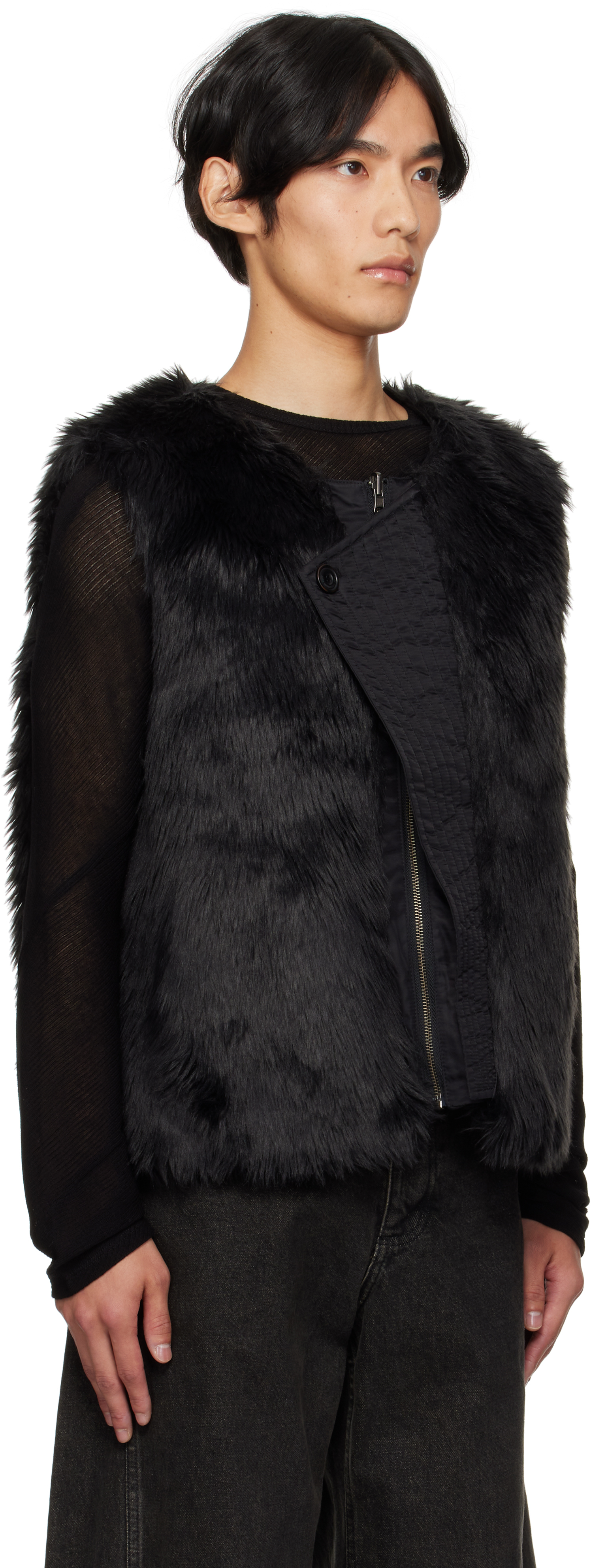 Andersson Bell Black Curved Placket Reversible Faux-fur Vest In Black