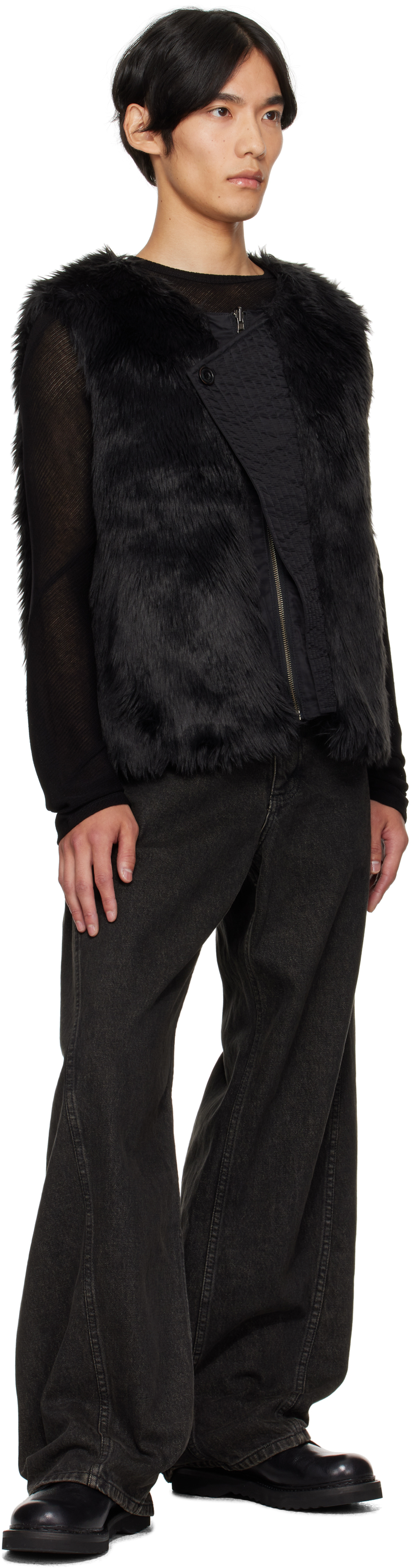 Andersson Bell Black Curved Placket Reversible Faux-fur Vest In Black