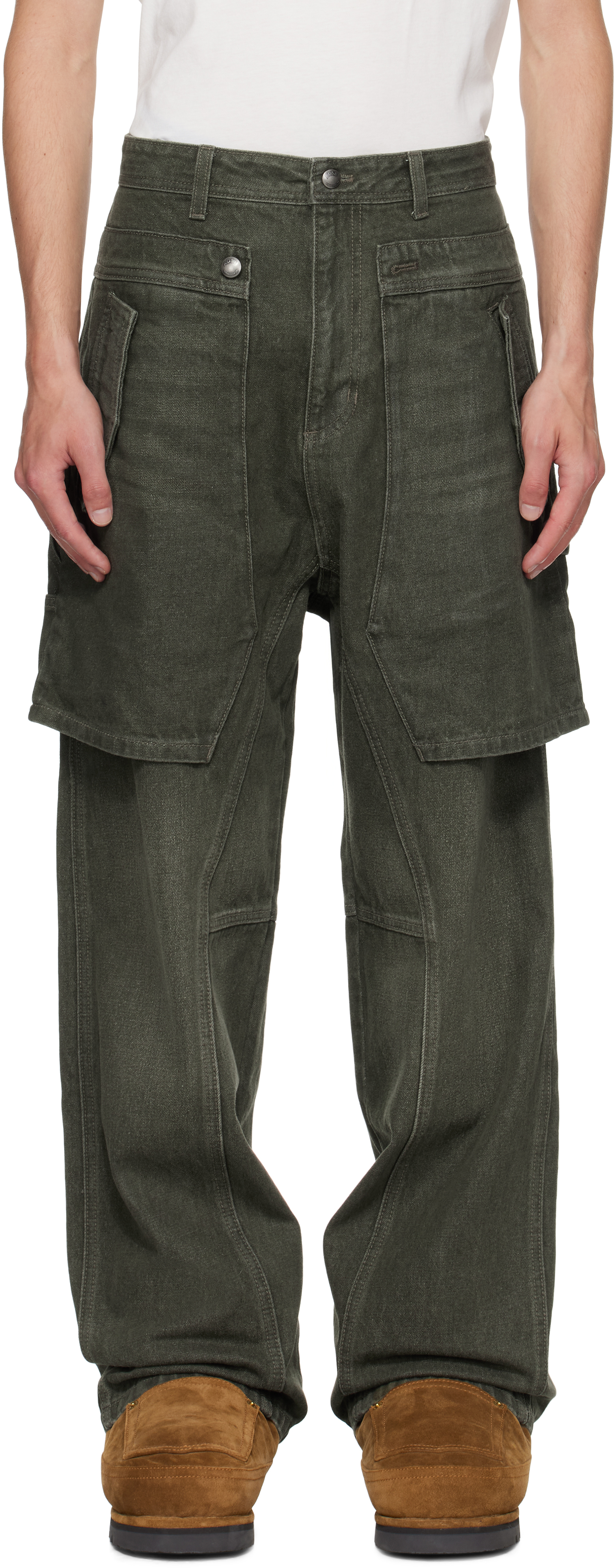 Andersson Bell Khaki Raptor Layered Wide-leg Jeans In Green