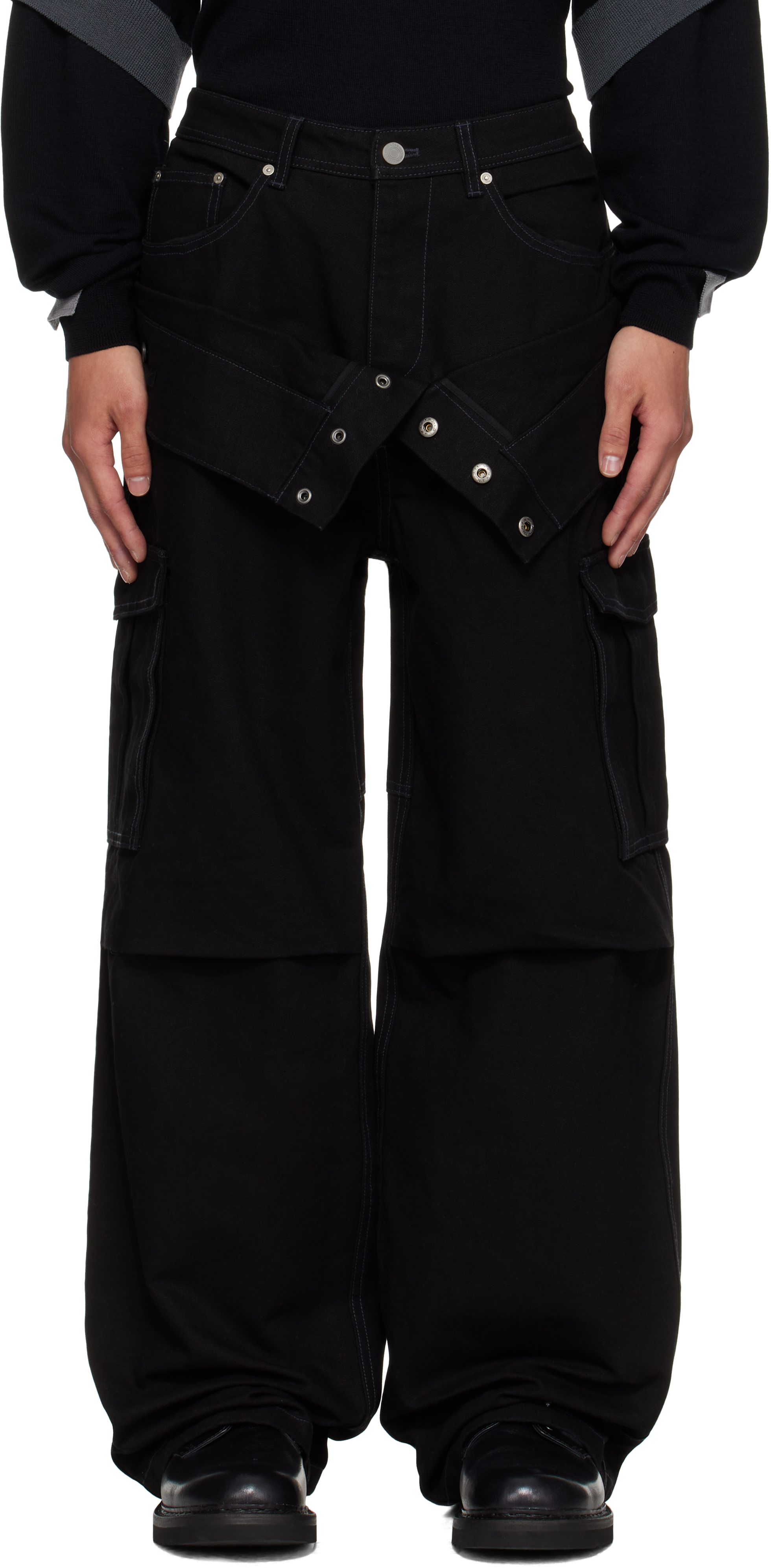 Black Double Waist Work Wide-Leg Jeans