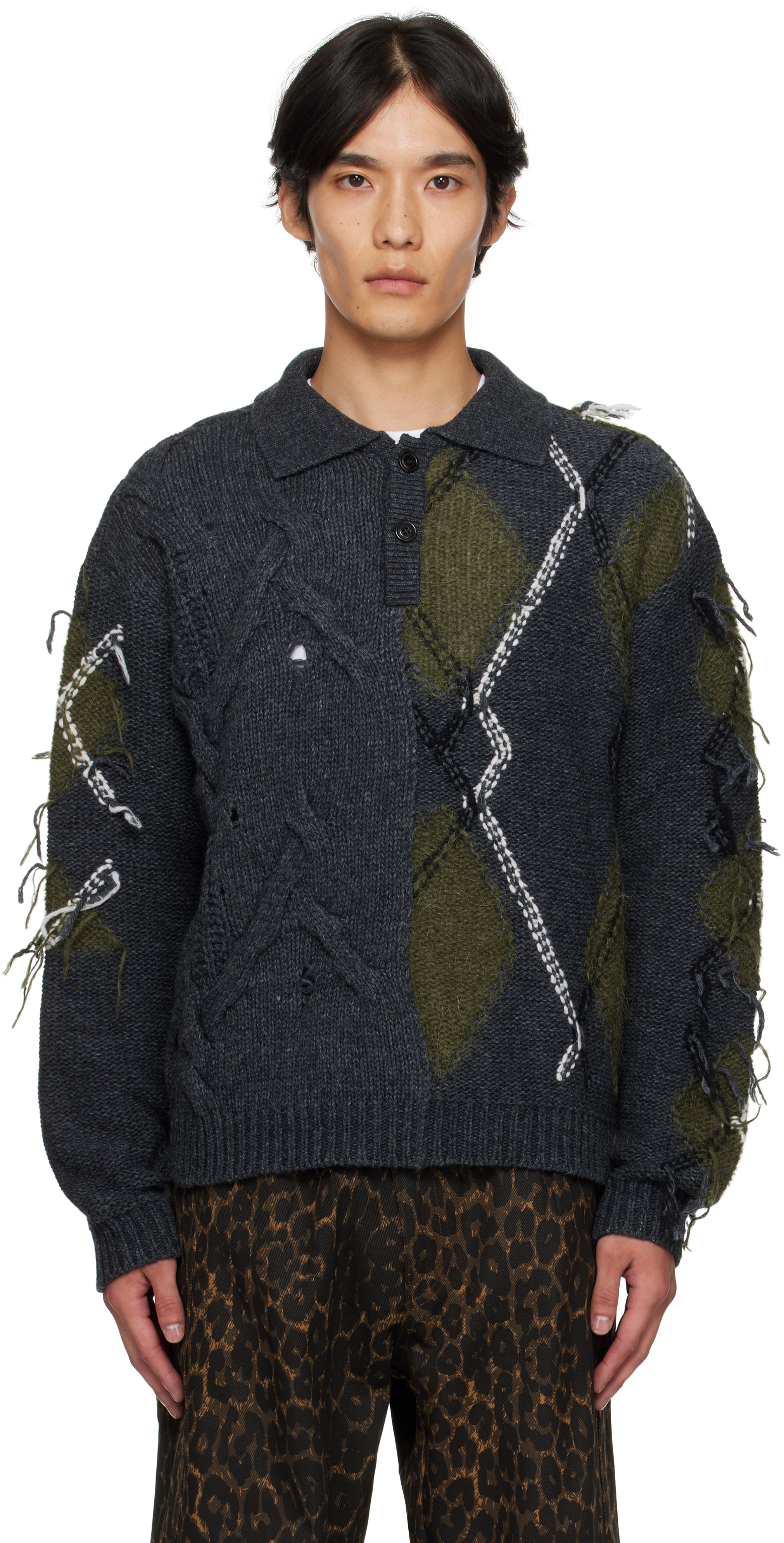 Andersson Bell Gray & Green Argyle Fisherman Polo Sweater In Multi