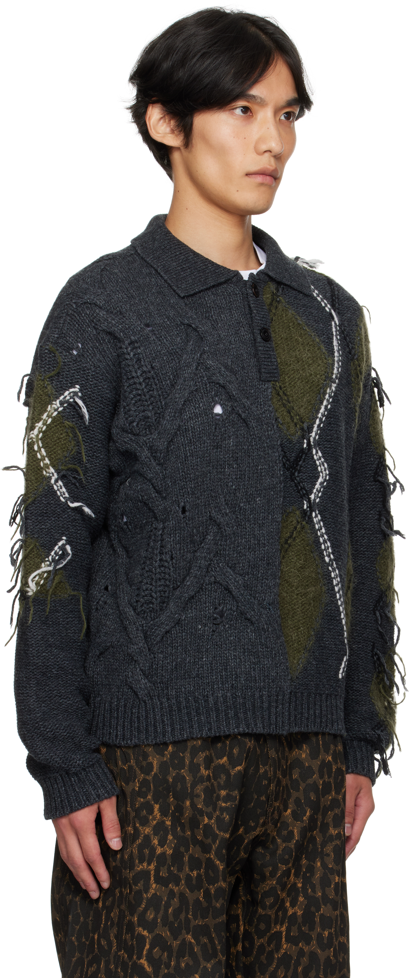 Andersson Bell Gray & Green Argyle Fisherman Polo Sweater In Multi