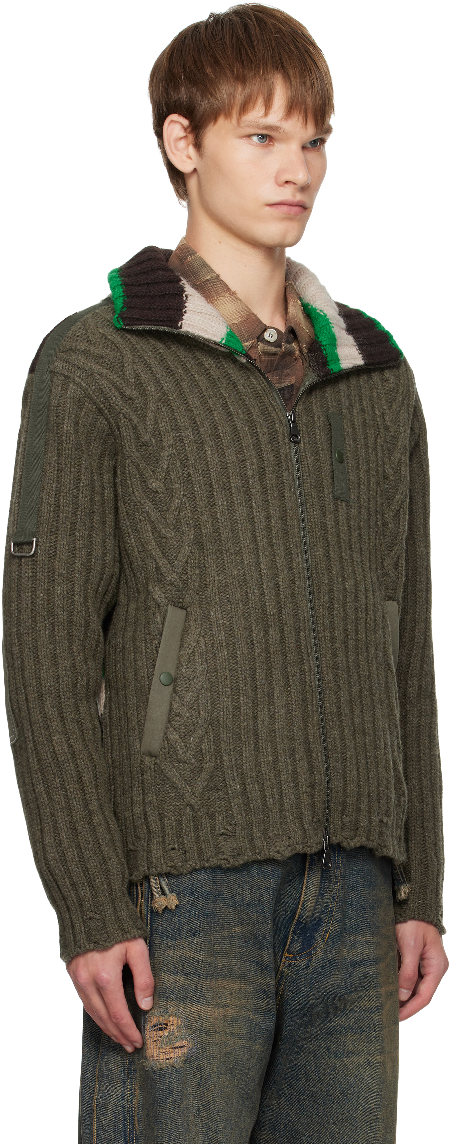 Andersson Bell Khaki Stripe High-neck Zip-up Sweater In Green