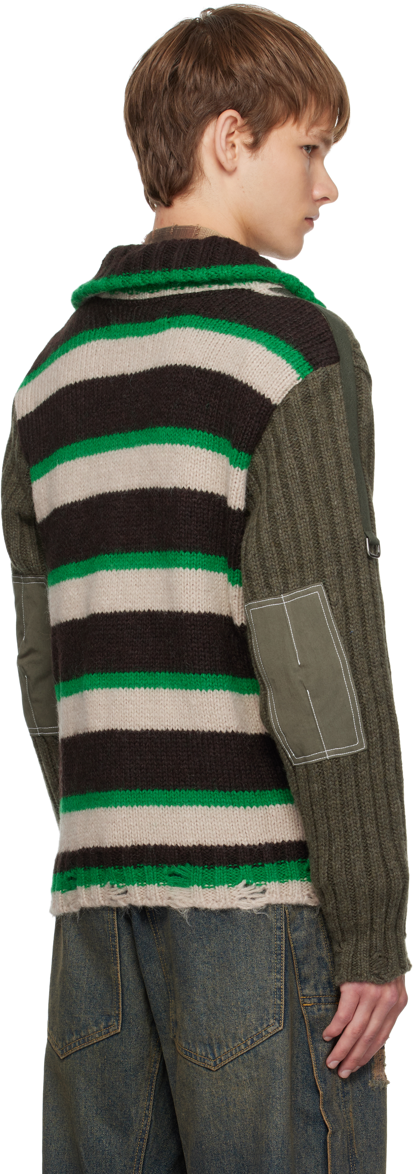 Andersson Bell Khaki Stripe High-neck Zip-up Sweater In Green