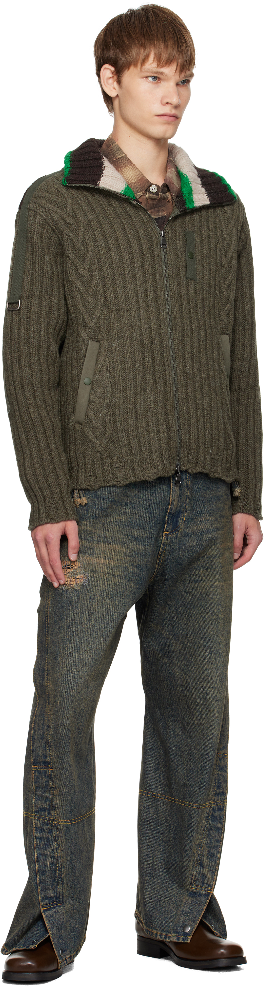 Andersson Bell Khaki Stripe High-neck Zip-up Sweater In Green