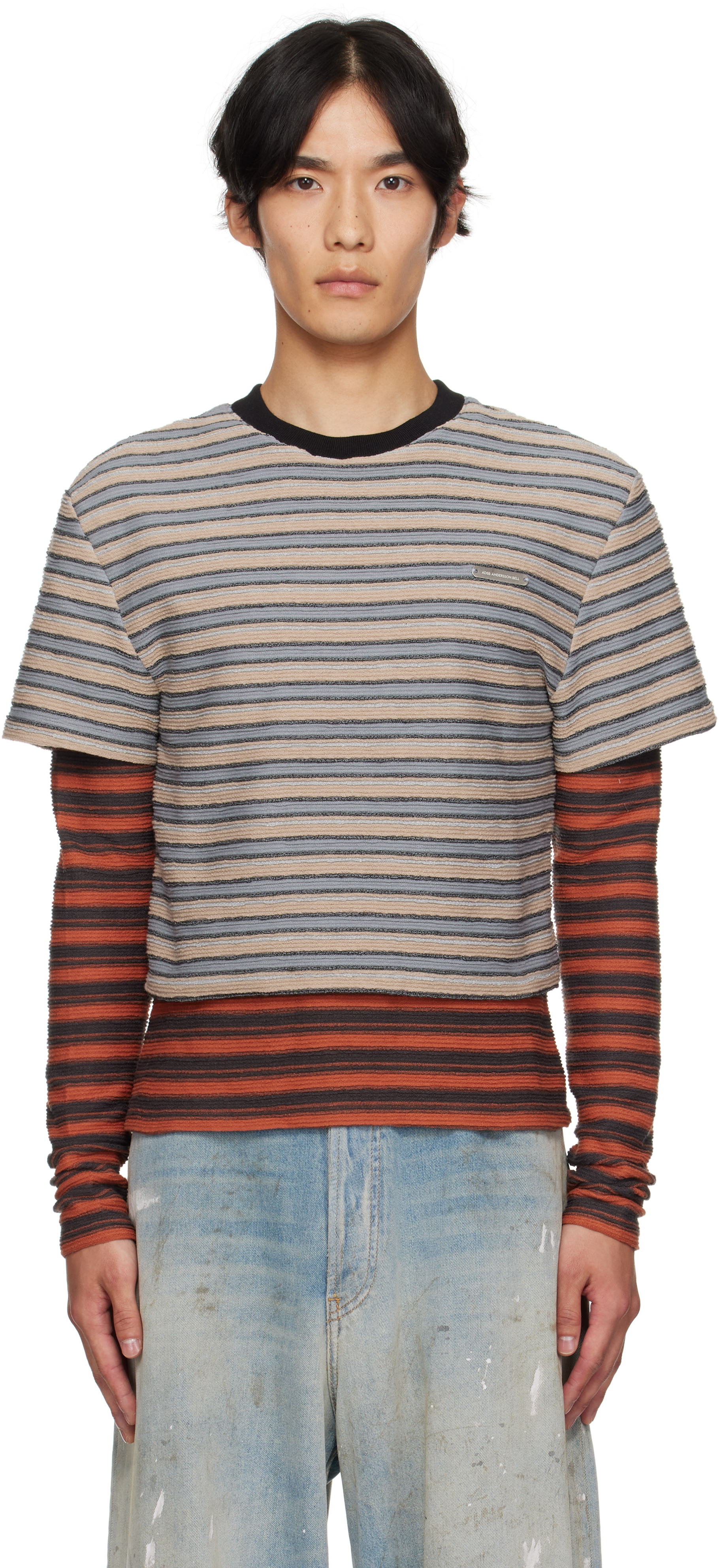 Andersson Bell Beige & Orange Stripe Ls T-shirt In Multi