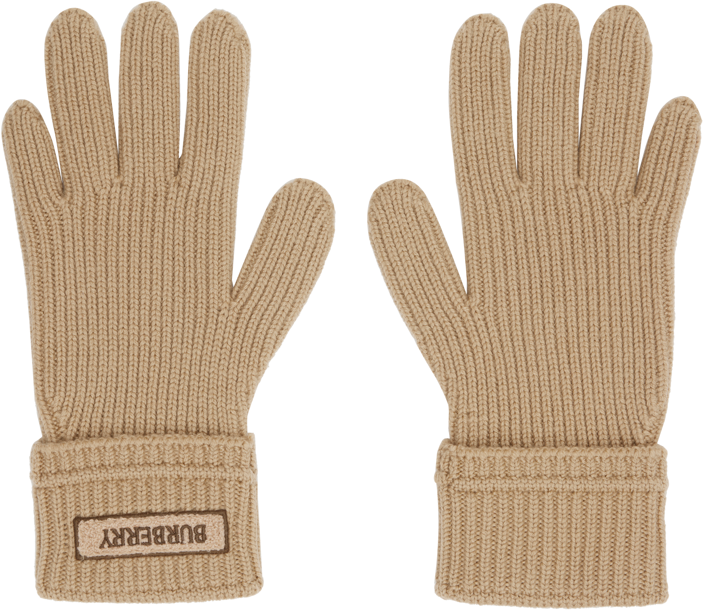 Burberry Beige Logo Patch Wool Gloves In Brown