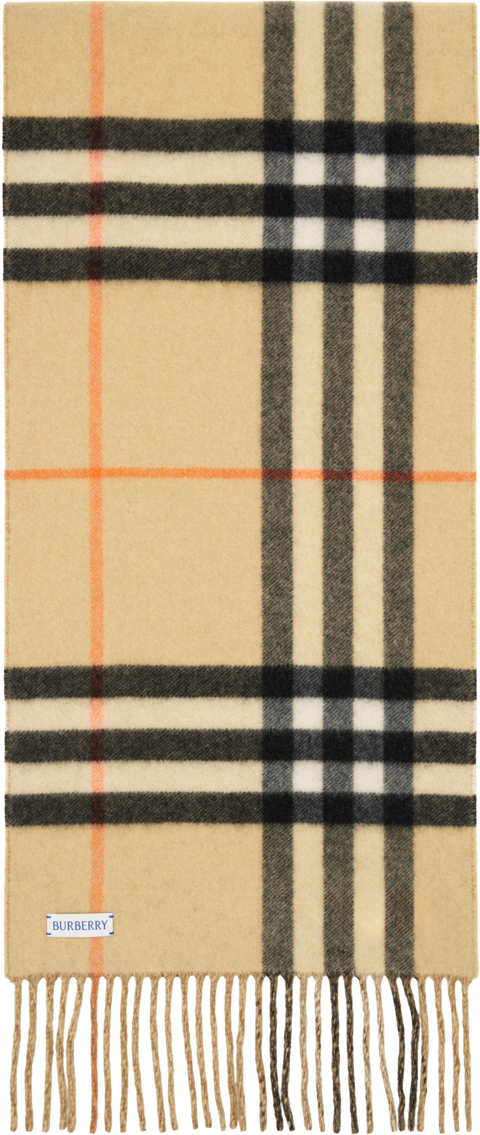 Shop Burberry Tan Reversible Ekd Check Cashmere Scarf