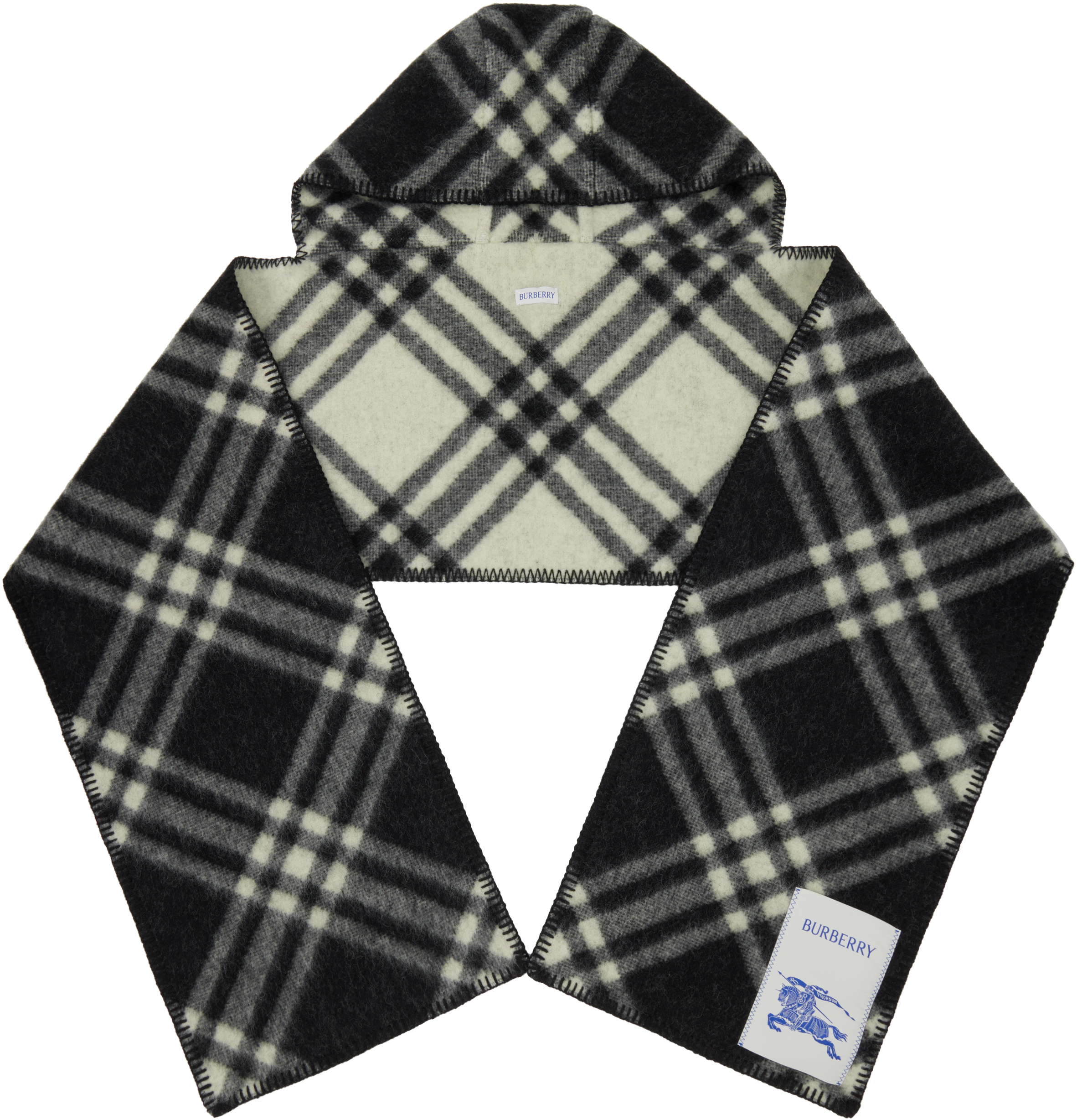 Burberry Black & Off-white Check Hooded Scarf In Black