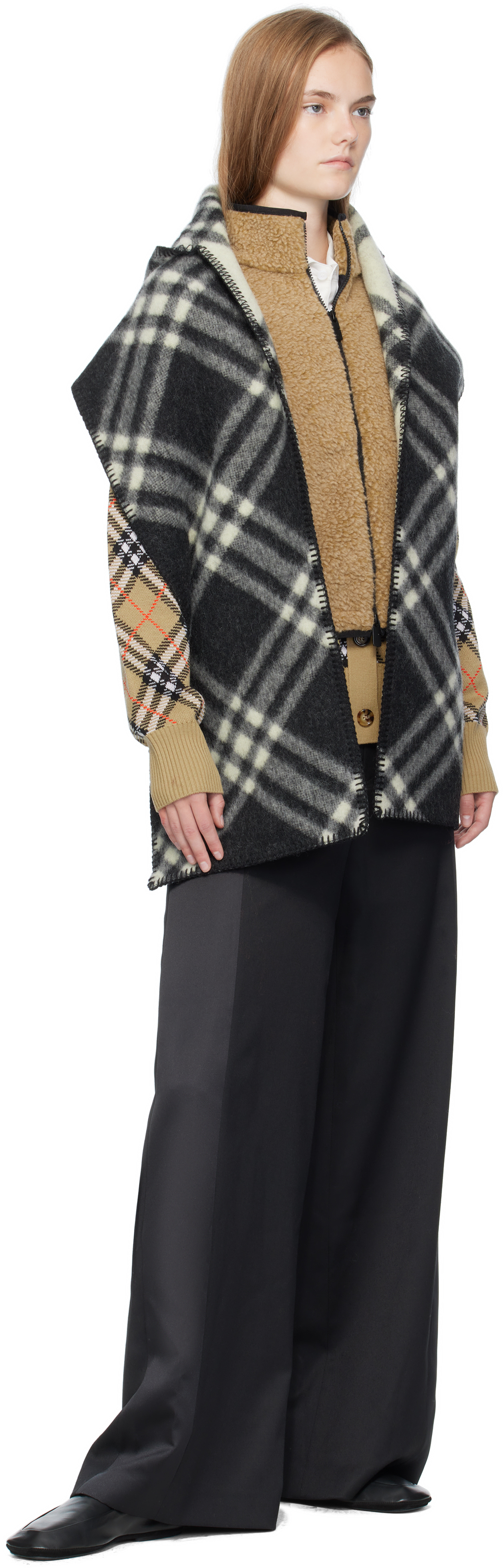 Burberry Black & Off-white Check Hooded Scarf In Black