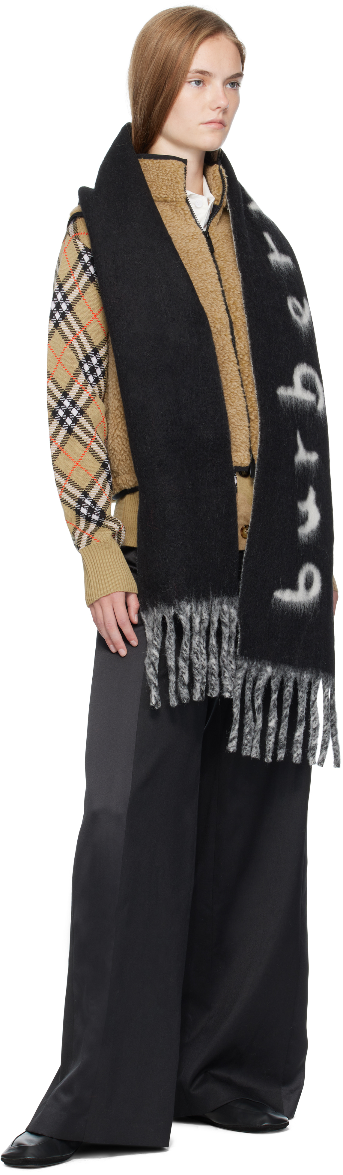 Burberry Black & White Logo Alpaca Wool Blend Scarf In Black