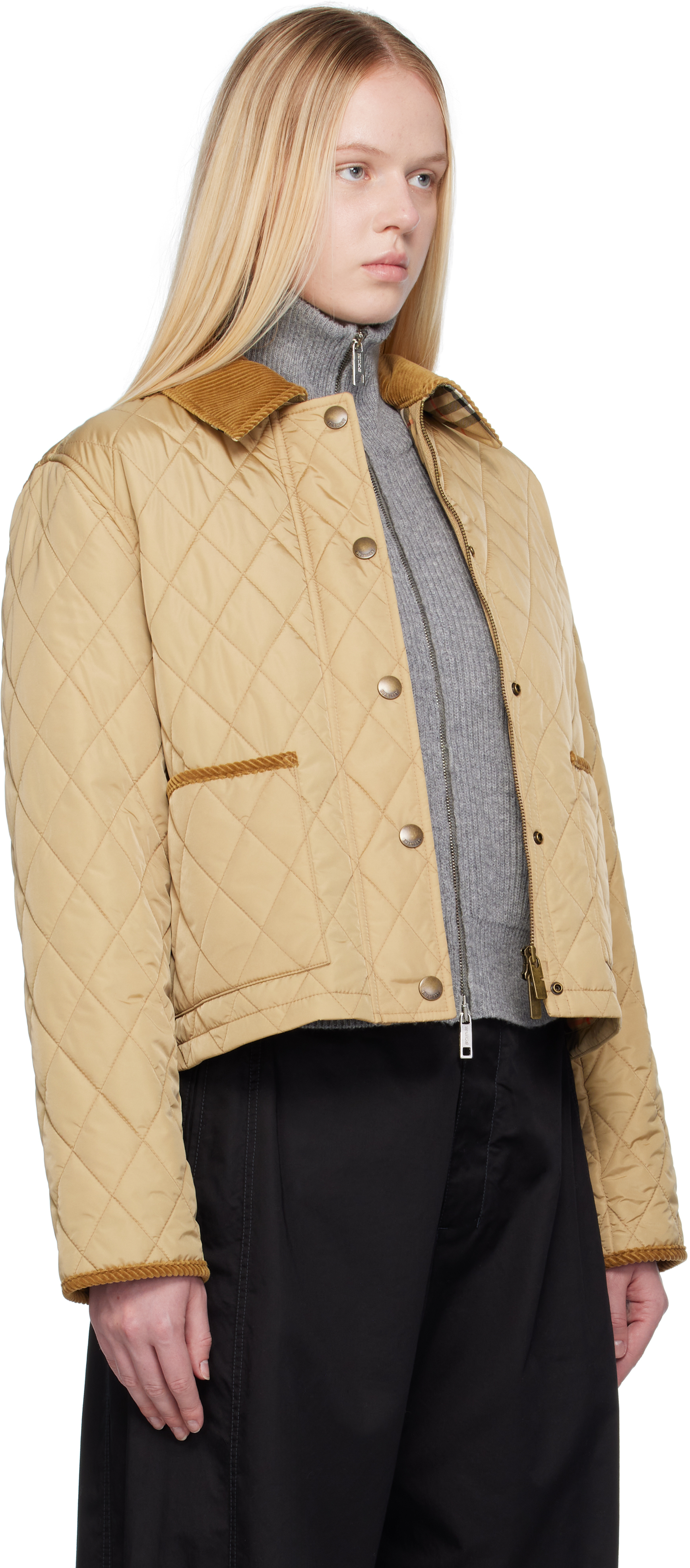 Burberry Oldham Beige Quilted Jacket With Corduroy Collar In Tech Fabric Woman In Neutral