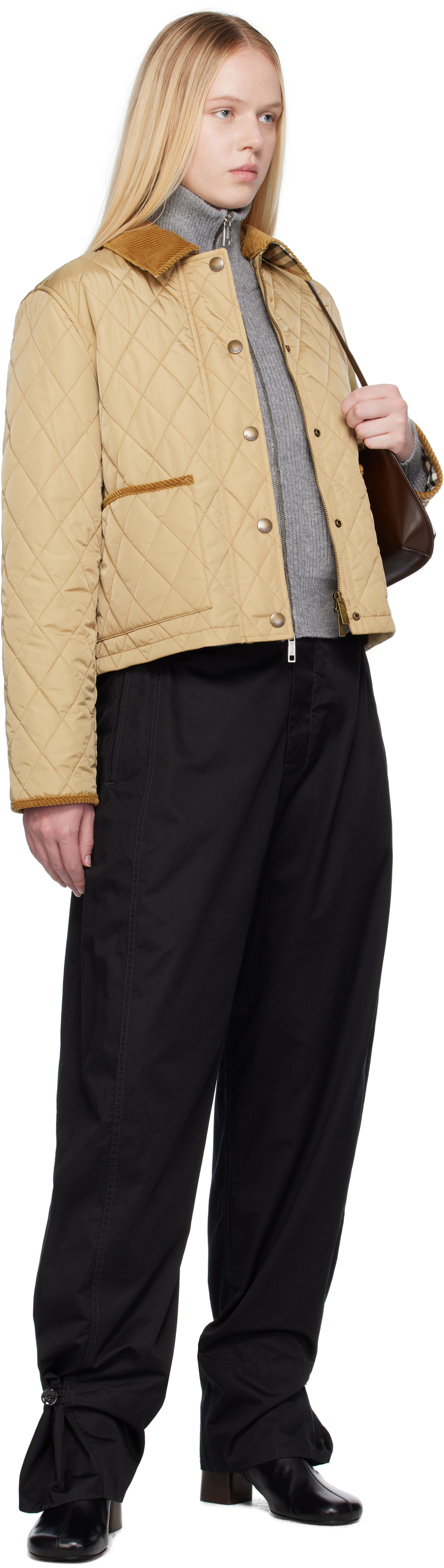 Burberry Oldham Beige Quilted Jacket With Corduroy Collar In Tech Fabric Woman In Neutral