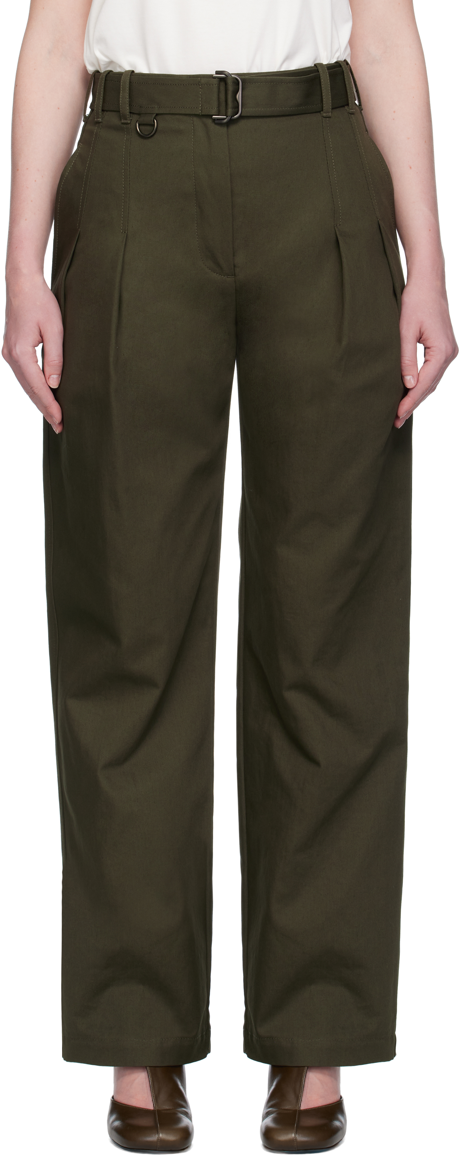 Green Gabardine Belted Trousers