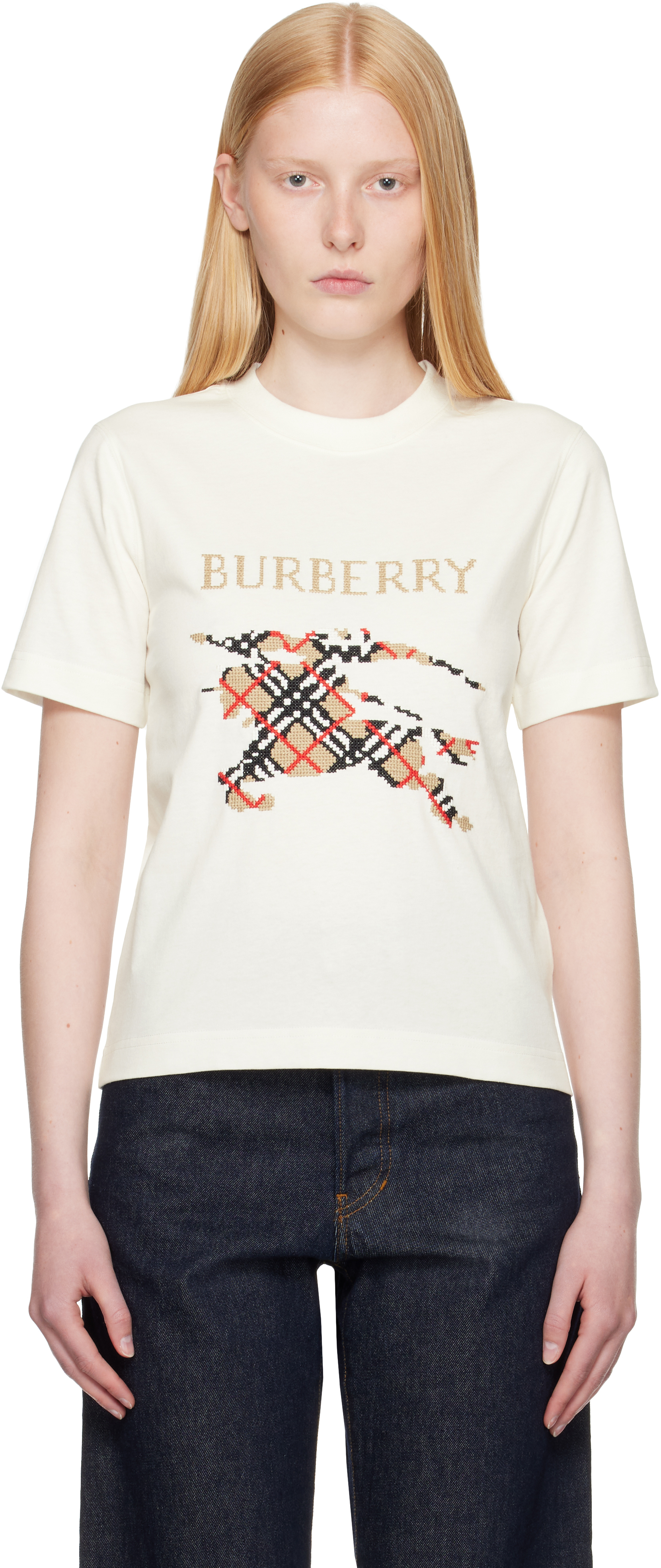 Burberry Equestrian Knight Design Cross Stitch Embroidered T-shirt