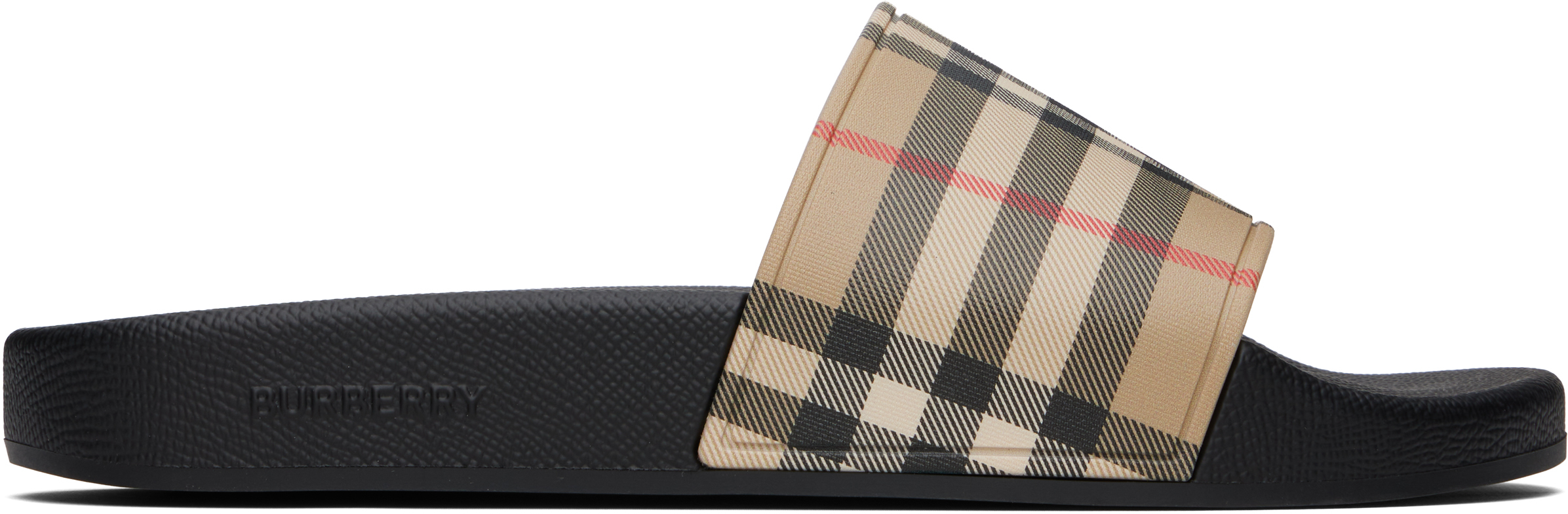 【BURBERRY】 CHECK POOL SLIDE Burberry: Beige Check Pool Slides | SSENSE