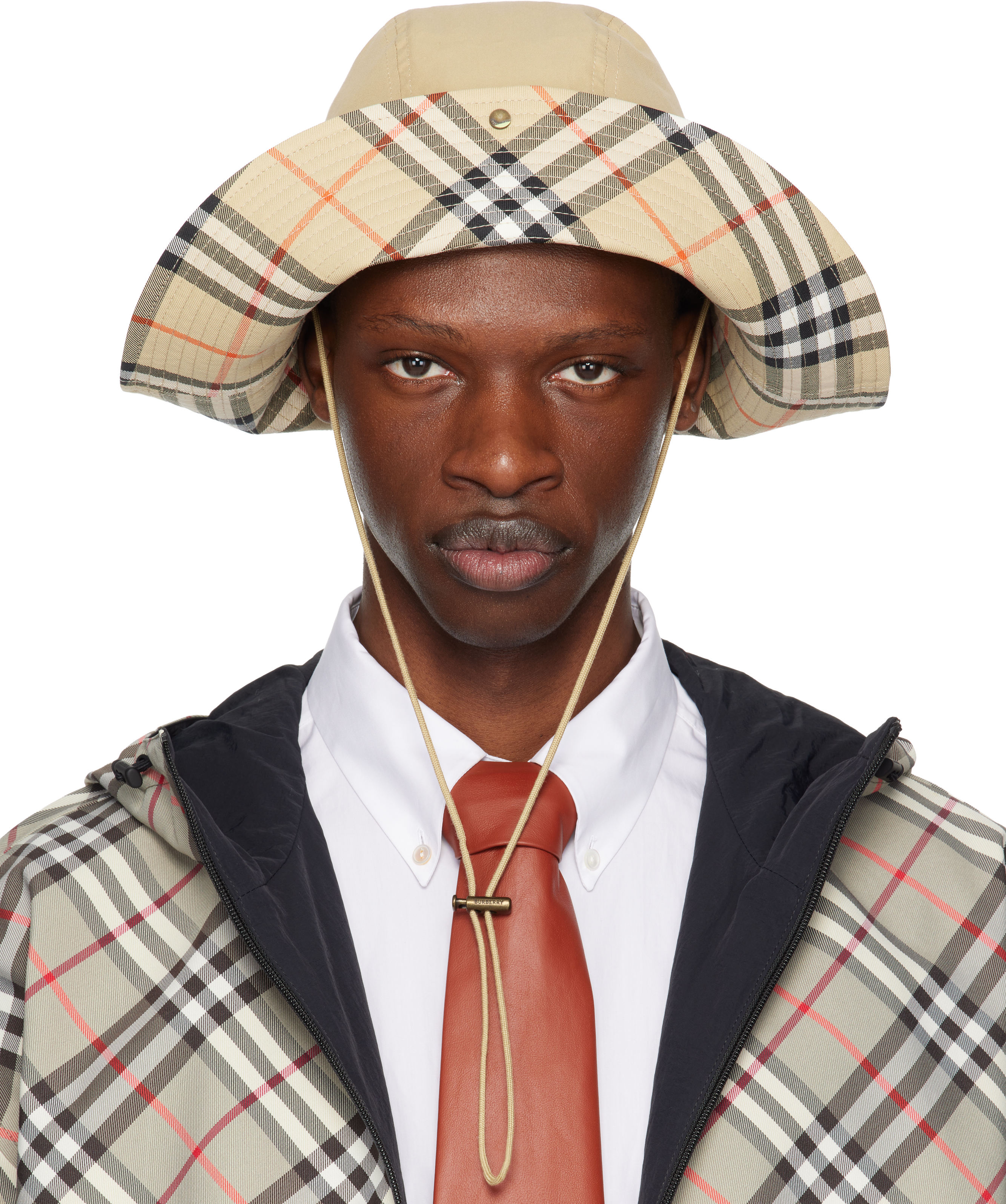 Beige Check Brim Gabardine Bucket Hat