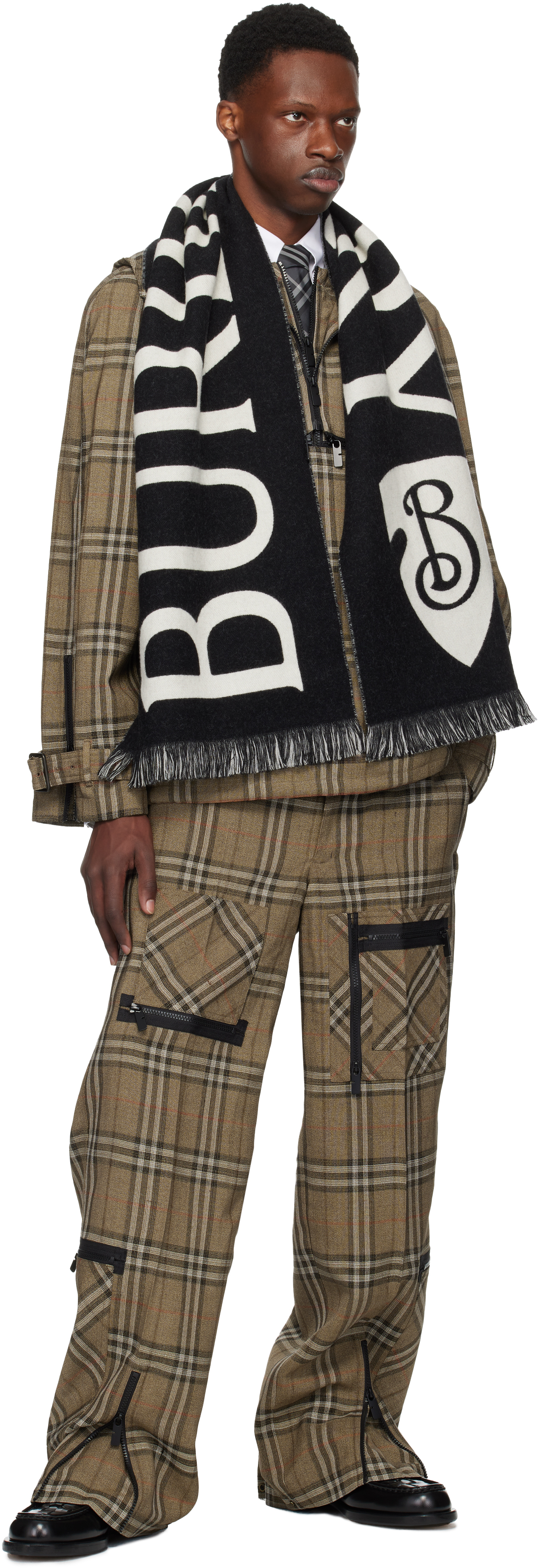 Burberry Black & Gray '' Text Wool Scarf