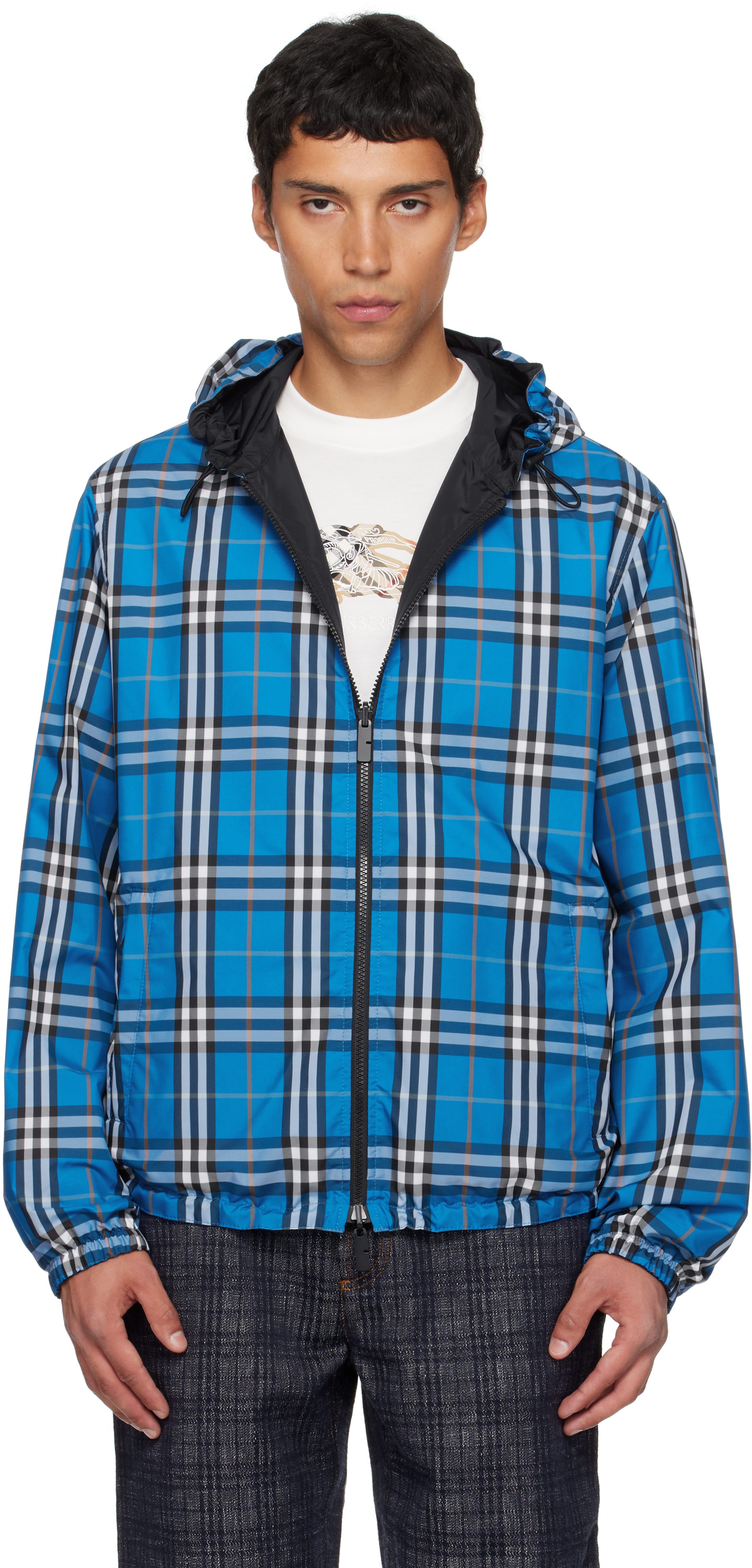 Burberry: Blue & Black Hooded Reversible Jacket | SSENSE Canada