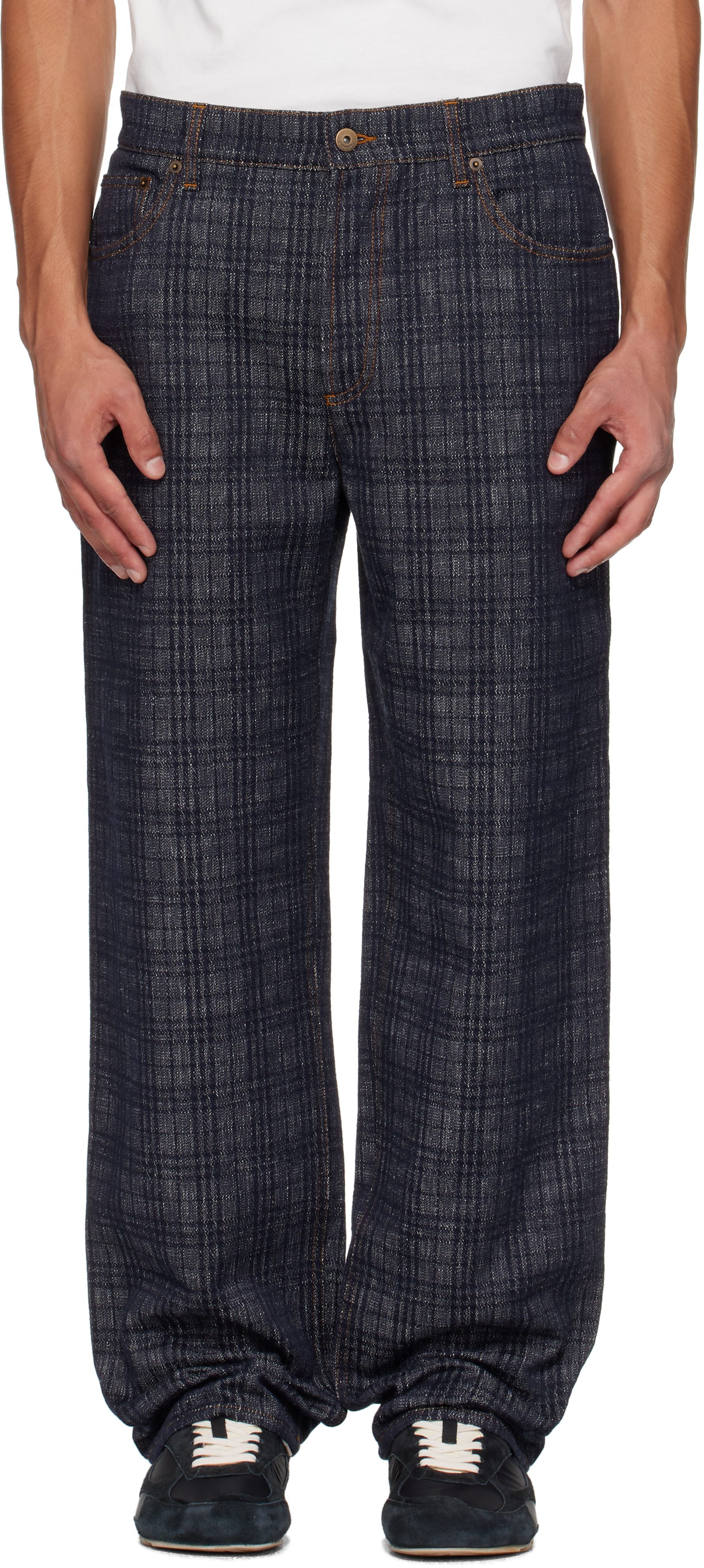 Burberry: Navy Loose Check Jeans | SSENSE