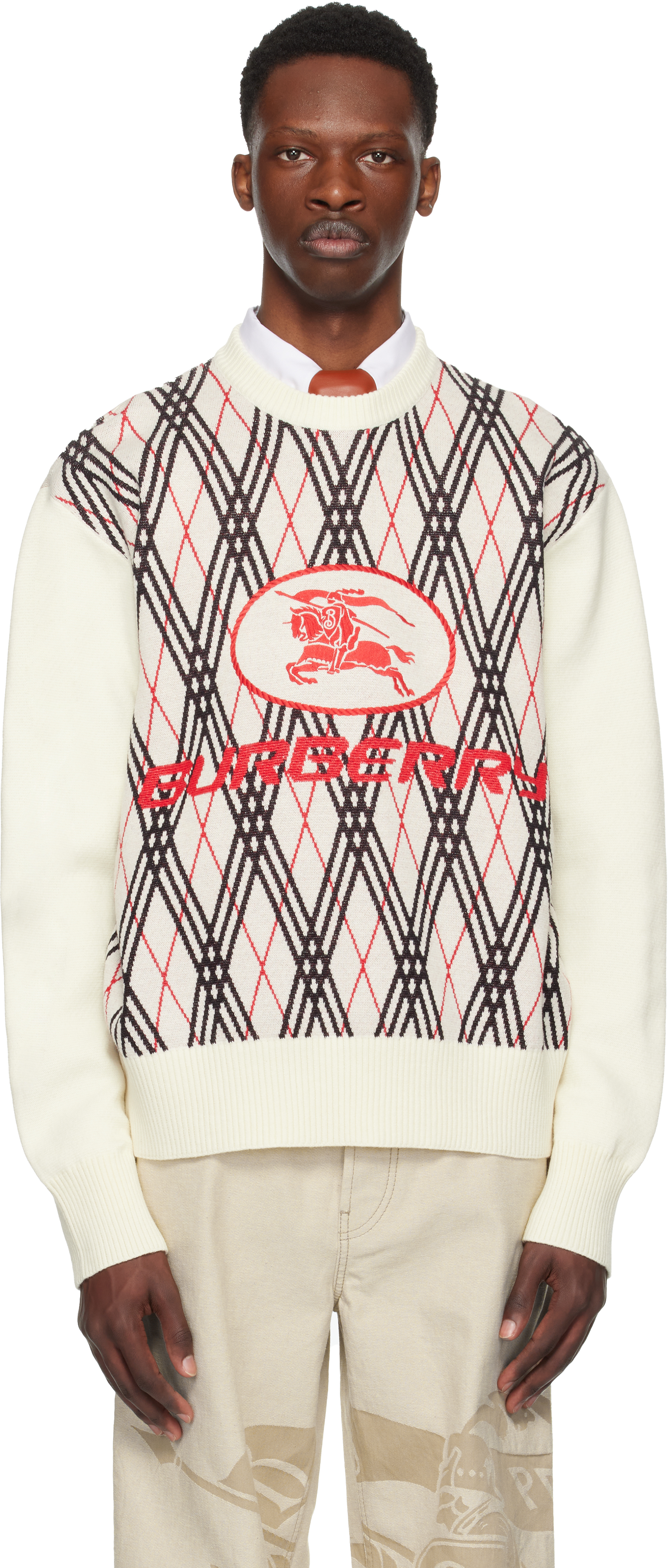 BURBERRY 22SS ニットセーター ホワイト/グリーン/レッド Burberry: Off-White Argyle Check Wool Blend Sweater | SSENSE