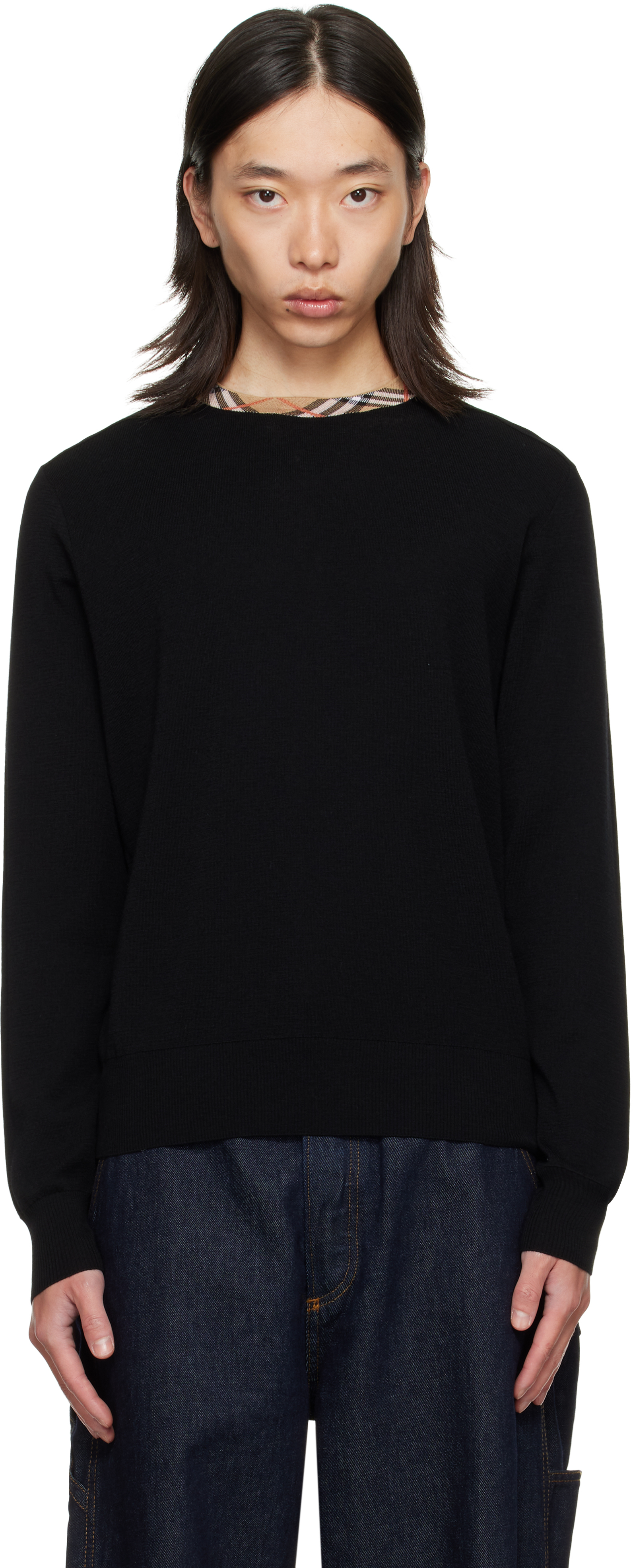 Burberry: Black Check Trim Wool Sweater | SSENSE