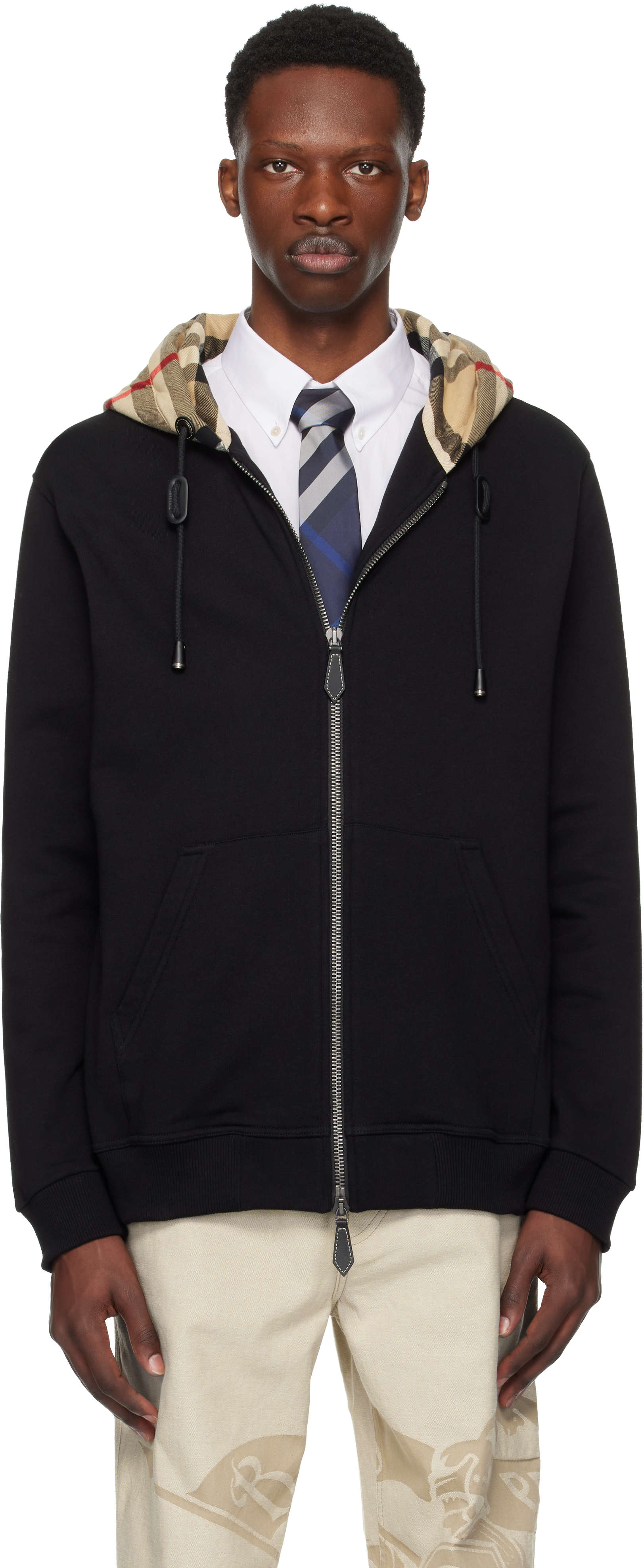 Black Check Hood Cotton Zip Hoodie